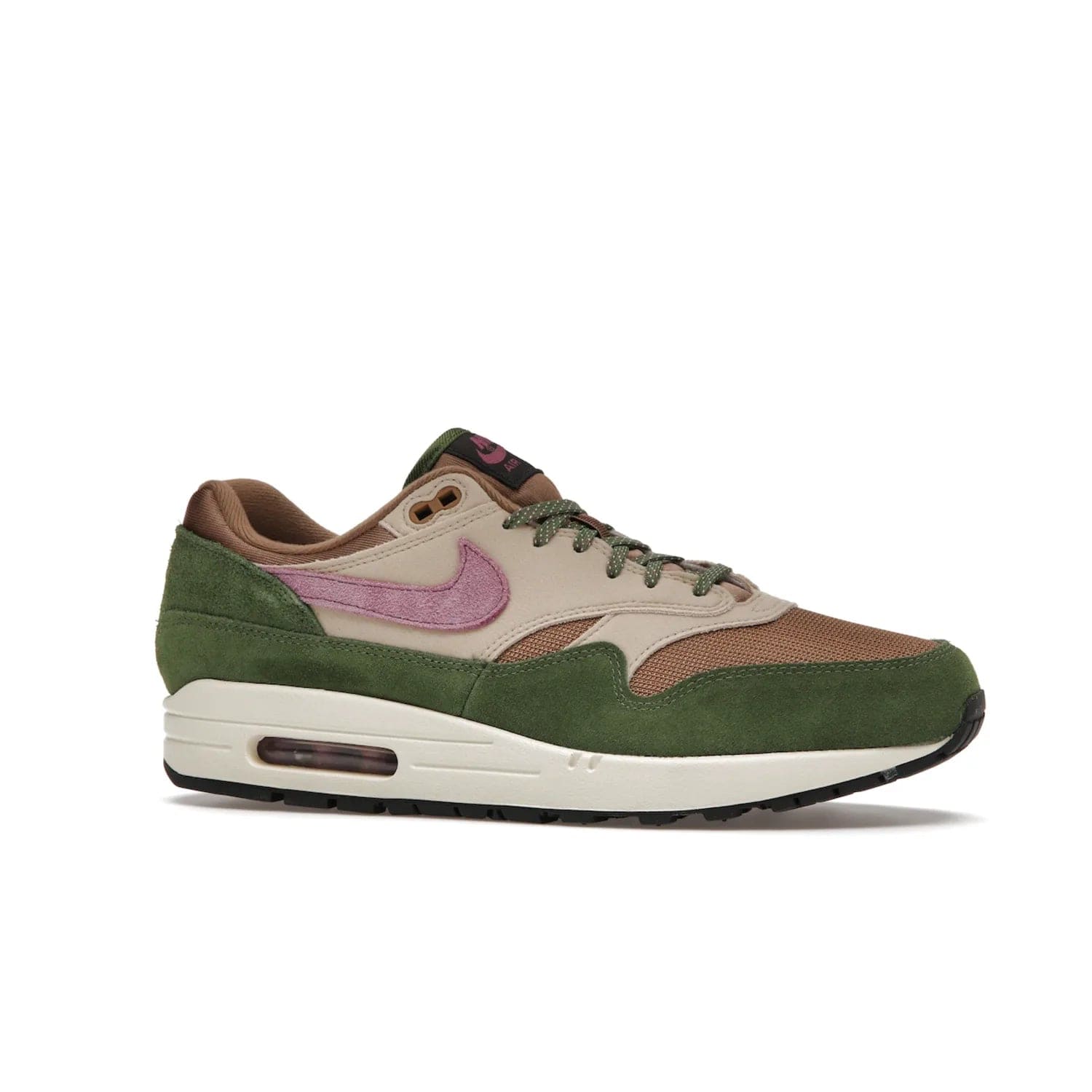 Nike Air Max 1 SH Treeline - Image 3 - Only at www.BallersClubKickz.com - A classic Nike Air Max 1 SH Treeline with a brown mesh upper, taupe Durabuck overlays, and hairy green suede details. Light Bordeaux Swoosh and woven tongue label for a pop of color. Released in May 2022. Perfect for any outfit and sure to impress.