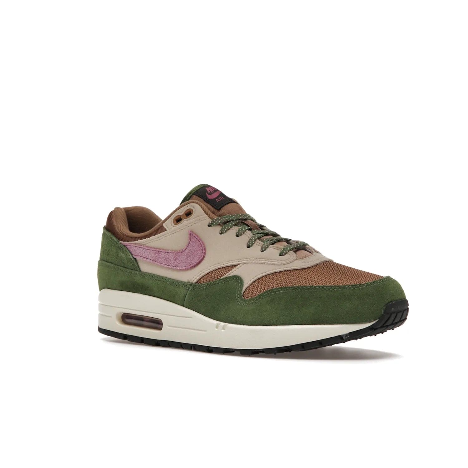 Nike Air Max 1 SH Treeline - Image 5 - Only at www.BallersClubKickz.com - A classic Nike Air Max 1 SH Treeline with a brown mesh upper, taupe Durabuck overlays, and hairy green suede details. Light Bordeaux Swoosh and woven tongue label for a pop of color. Released in May 2022. Perfect for any outfit and sure to impress.