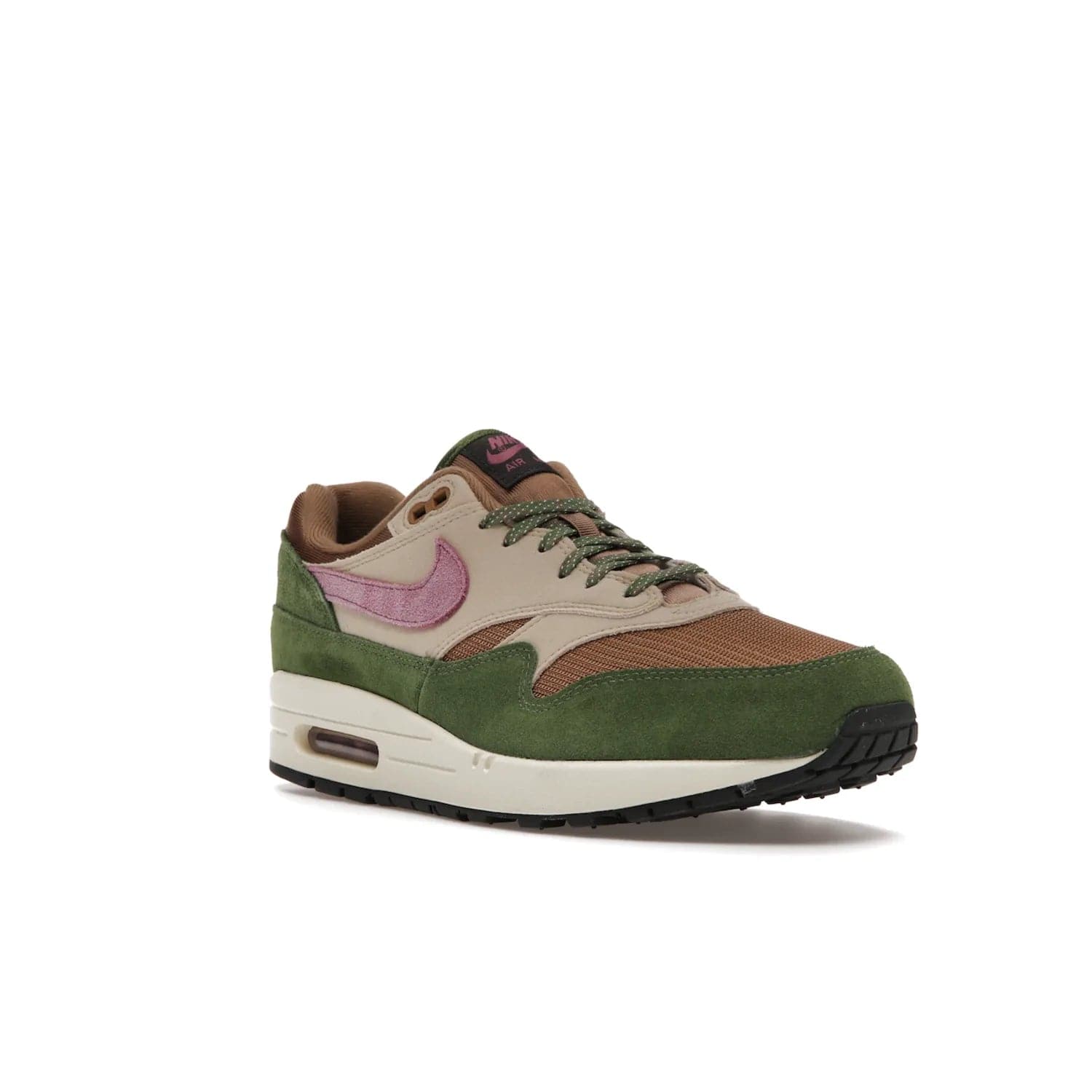 Nike Air Max 1 SH Treeline - Image 6 - Only at www.BallersClubKickz.com - A classic Nike Air Max 1 SH Treeline with a brown mesh upper, taupe Durabuck overlays, and hairy green suede details. Light Bordeaux Swoosh and woven tongue label for a pop of color. Released in May 2022. Perfect for any outfit and sure to impress.