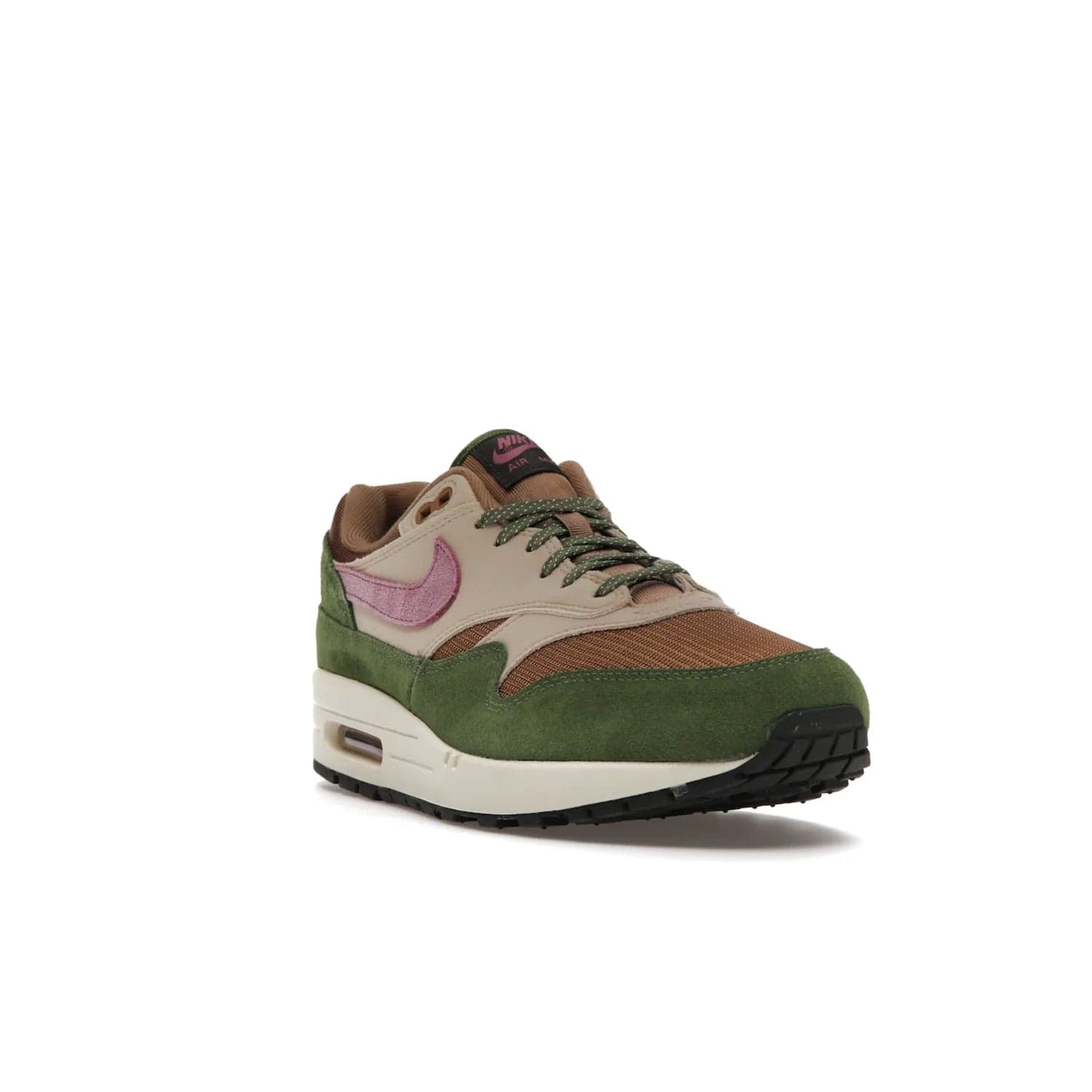 Nike Air Max 1 SH Treeline - Image 7 - Only at www.BallersClubKickz.com - A classic Nike Air Max 1 SH Treeline with a brown mesh upper, taupe Durabuck overlays, and hairy green suede details. Light Bordeaux Swoosh and woven tongue label for a pop of color. Released in May 2022. Perfect for any outfit and sure to impress.