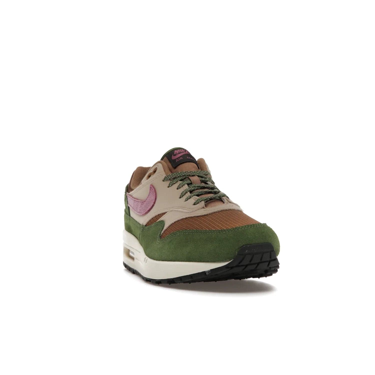 Nike Air Max 1 SH Treeline - Image 8 - Only at www.BallersClubKickz.com - A classic Nike Air Max 1 SH Treeline with a brown mesh upper, taupe Durabuck overlays, and hairy green suede details. Light Bordeaux Swoosh and woven tongue label for a pop of color. Released in May 2022. Perfect for any outfit and sure to impress.