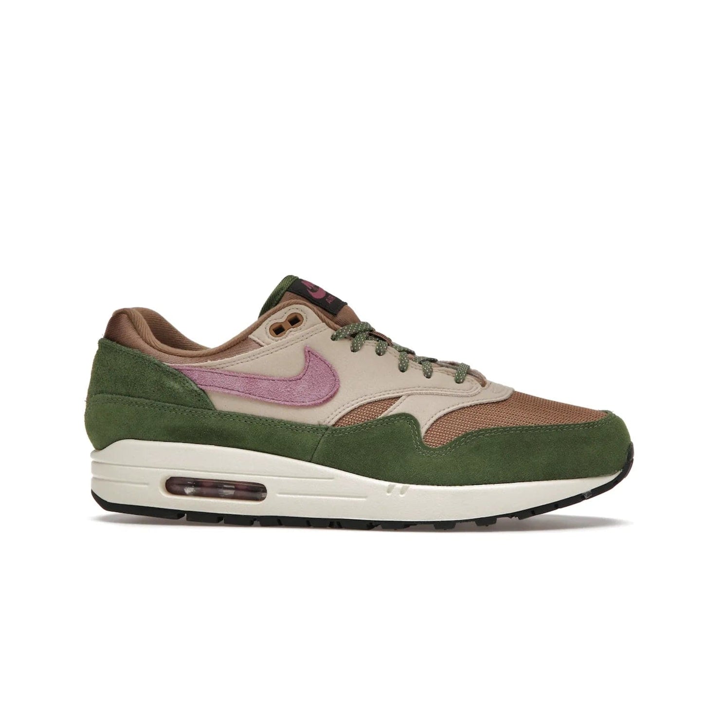 Nike Air Max 1 SH Treeline - Image 2 - Only at www.BallersClubKickz.com - A classic Nike Air Max 1 SH Treeline with a brown mesh upper, taupe Durabuck overlays, and hairy green suede details. Light Bordeaux Swoosh and woven tongue label for a pop of color. Released in May 2022. Perfect for any outfit and sure to impress.