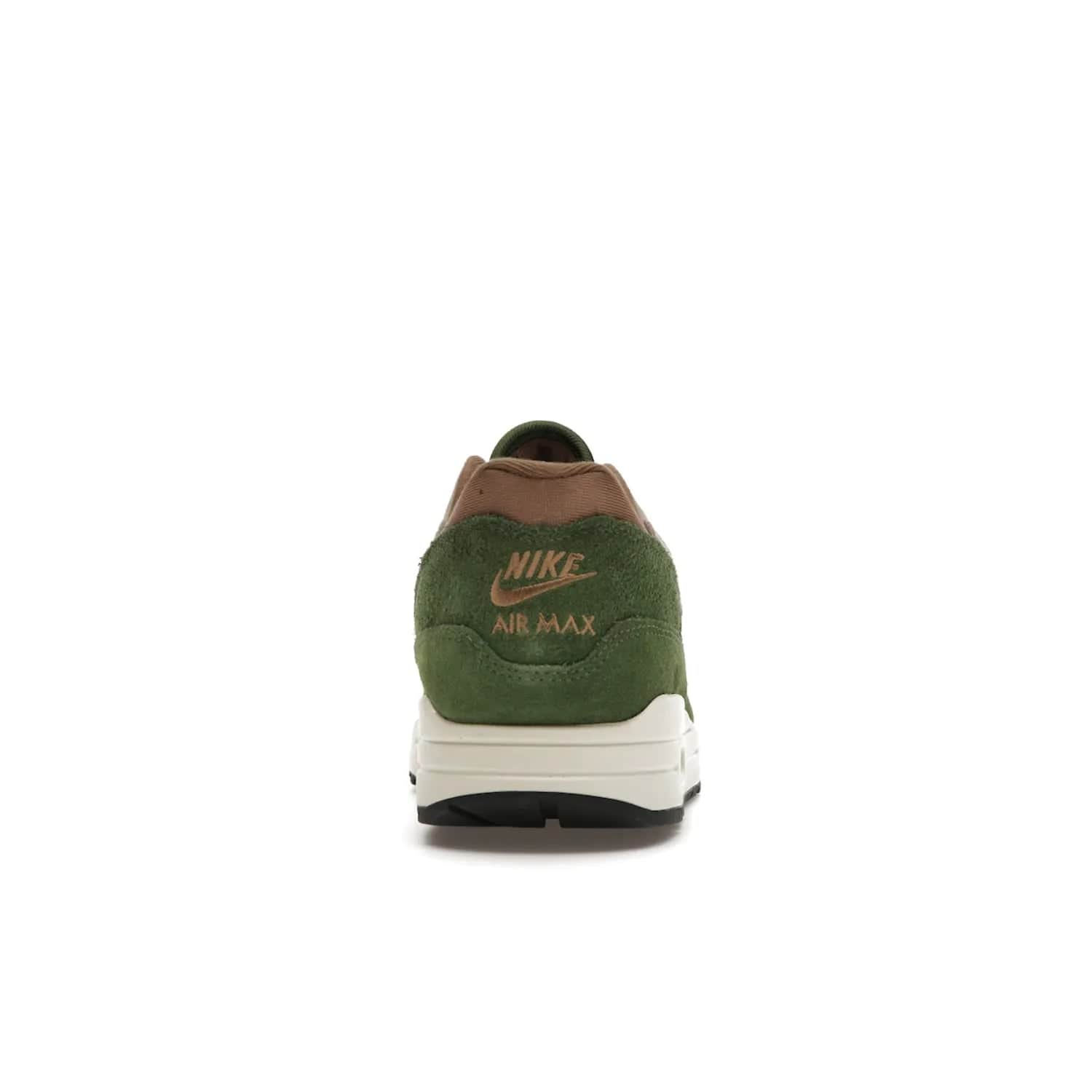 Nike Air Max 1 SH Treeline - Image 28 - Only at www.BallersClubKickz.com - A classic Nike Air Max 1 SH Treeline with a brown mesh upper, taupe Durabuck overlays, and hairy green suede details. Light Bordeaux Swoosh and woven tongue label for a pop of color. Released in May 2022. Perfect for any outfit and sure to impress.