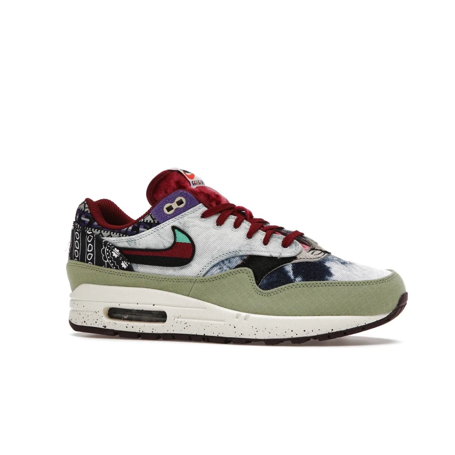 Nike Air Max 1 SP Concepts Mellow - Image 3 - Only at www.BallersClubKickz.com - The Nike Air Max 1 SP Concepts Mellow combines classic and modern style with unique materials, embroidery, and a speckled sole. Get heads turning with this stylish sneaker, releasing March 2022.