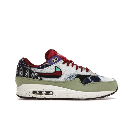 Nike Air Max 1 SP Concepts Mellow - Image 1 - Only at www.BallersClubKickz.com - The Nike Air Max 1 SP Concepts Mellow combines classic and modern style with unique materials, embroidery, and a speckled sole. Get heads turning with this stylish sneaker, releasing March 2022.