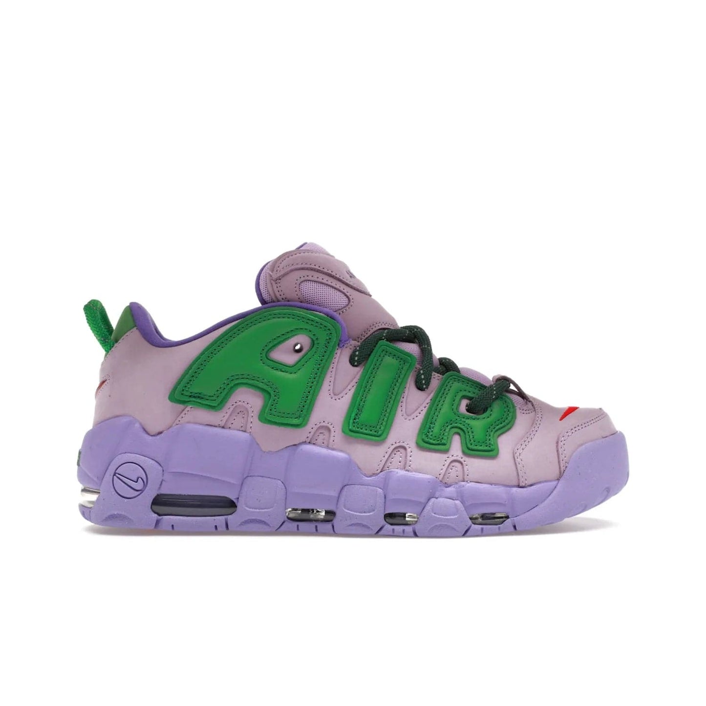 Nike Air More Uptempo Low AMBUSH Lilac - Image 1 - Only at www.BallersClubKickz.com - Style and comfort meet with the Nike Air More Uptempo Low AMBUSH Lilac. Featuring a vibrant Lilac upper with Apple Green and University Red accents, this unique design will be a standout in any wardrobe. Get your pair on October 06, 2023.