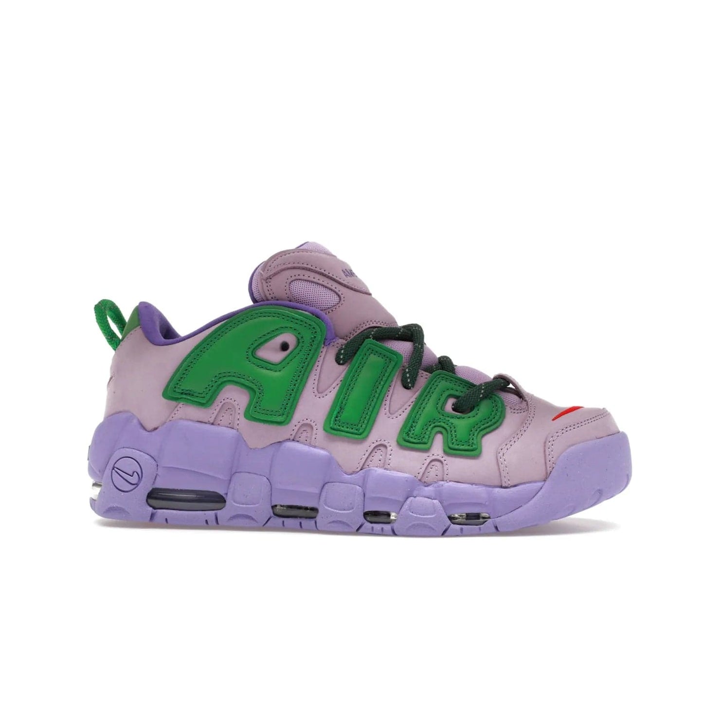 Nike Air More Uptempo Low AMBUSH Lilac - Image 2 - Only at www.BallersClubKickz.com - Style and comfort meet with the Nike Air More Uptempo Low AMBUSH Lilac. Featuring a vibrant Lilac upper with Apple Green and University Red accents, this unique design will be a standout in any wardrobe. Get your pair on October 06, 2023.