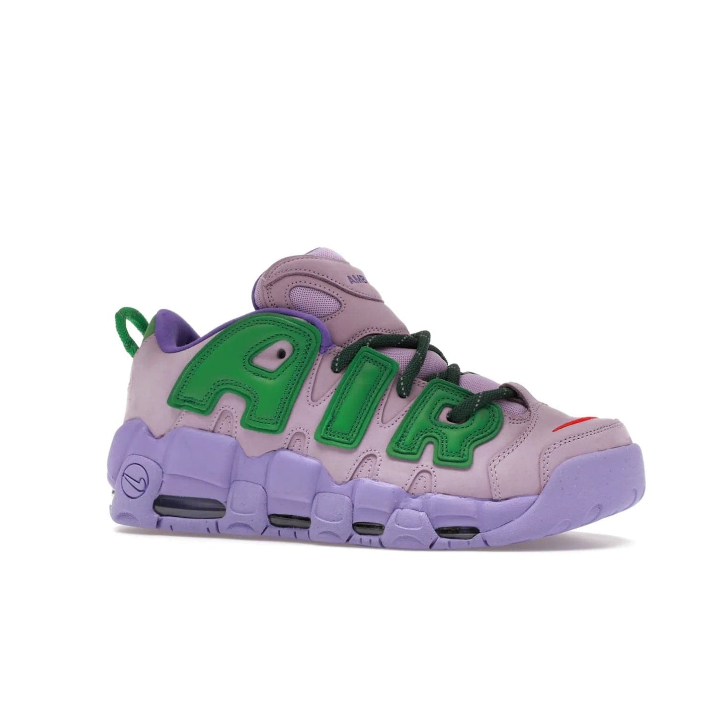 Nike Air More Uptempo Low AMBUSH Lilac - Image 3 - Only at www.BallersClubKickz.com - Style and comfort meet with the Nike Air More Uptempo Low AMBUSH Lilac. Featuring a vibrant Lilac upper with Apple Green and University Red accents, this unique design will be a standout in any wardrobe. Get your pair on October 06, 2023.