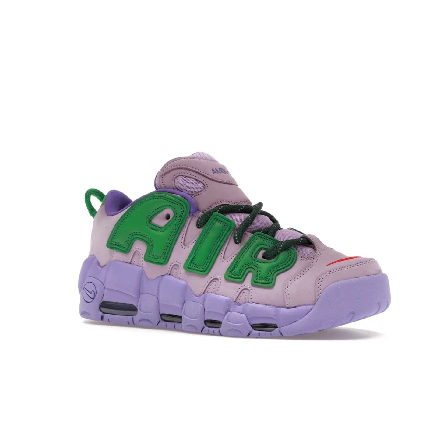 Nike Air More Uptempo Low AMBUSH Lilac - Image 4 - Only at www.BallersClubKickz.com - Style and comfort meet with the Nike Air More Uptempo Low AMBUSH Lilac. Featuring a vibrant Lilac upper with Apple Green and University Red accents, this unique design will be a standout in any wardrobe. Get your pair on October 06, 2023.
