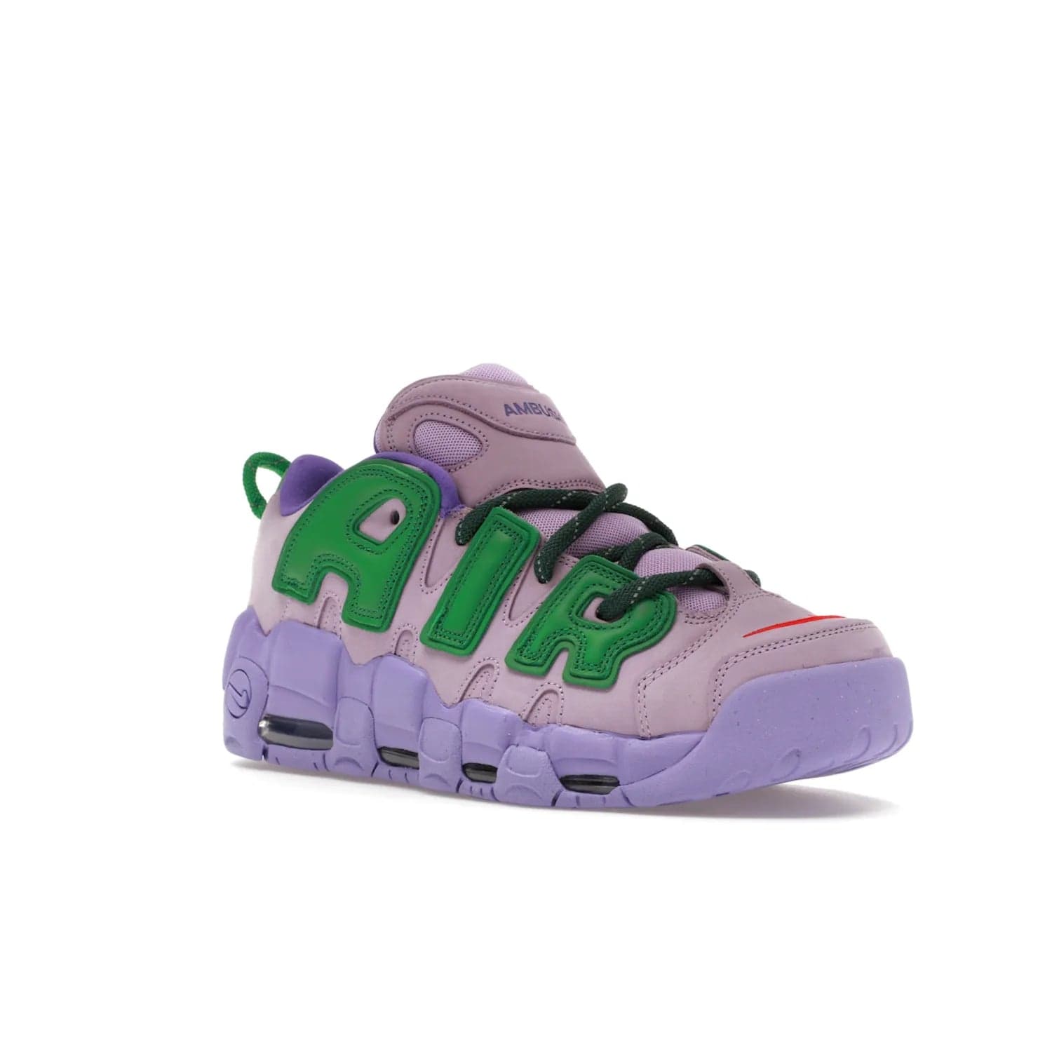 Nike Air More Uptempo Low AMBUSH Lilac - Image 5 - Only at www.BallersClubKickz.com - Style and comfort meet with the Nike Air More Uptempo Low AMBUSH Lilac. Featuring a vibrant Lilac upper with Apple Green and University Red accents, this unique design will be a standout in any wardrobe. Get your pair on October 06, 2023.