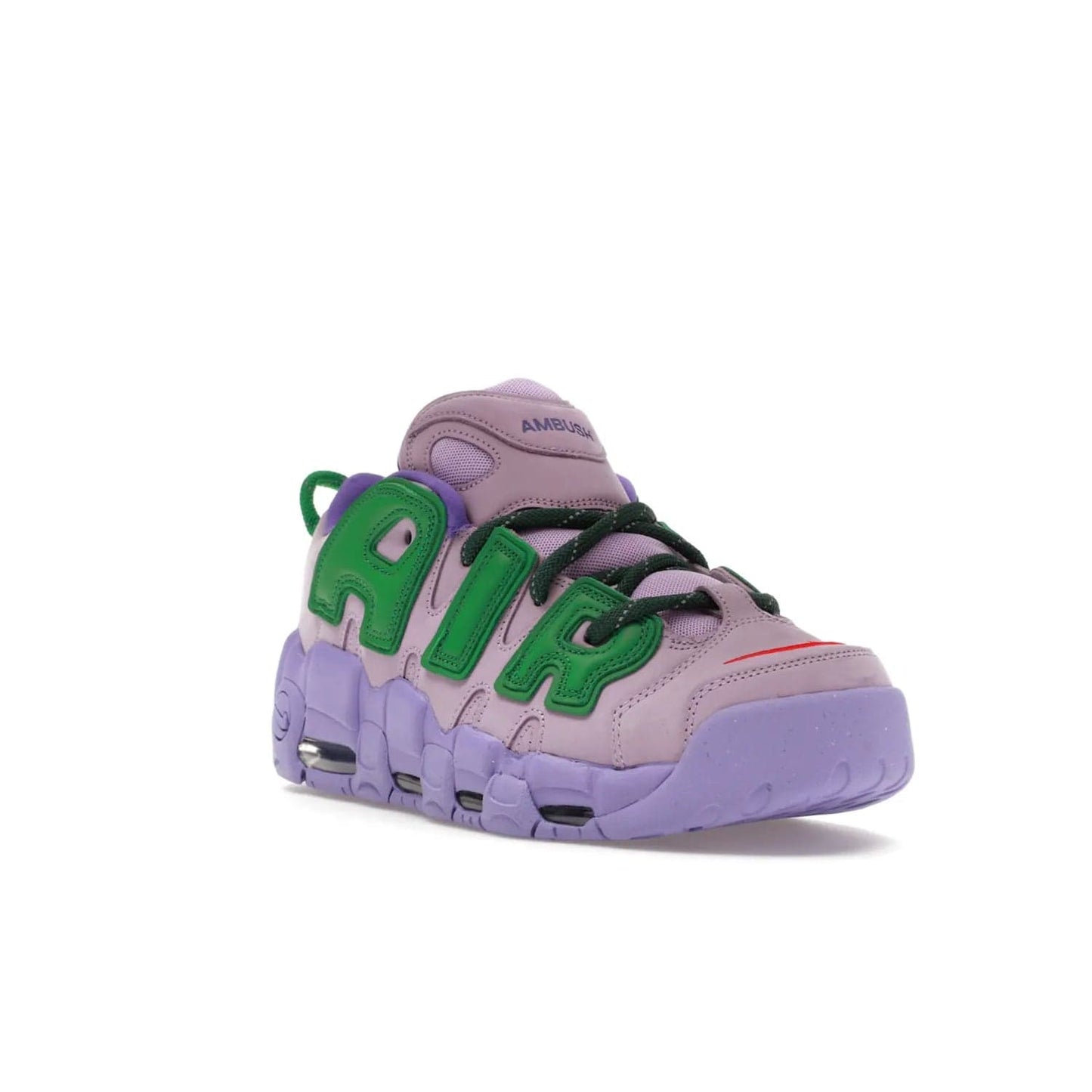 Nike Air More Uptempo Low AMBUSH Lilac - Image 6 - Only at www.BallersClubKickz.com - Style and comfort meet with the Nike Air More Uptempo Low AMBUSH Lilac. Featuring a vibrant Lilac upper with Apple Green and University Red accents, this unique design will be a standout in any wardrobe. Get your pair on October 06, 2023.