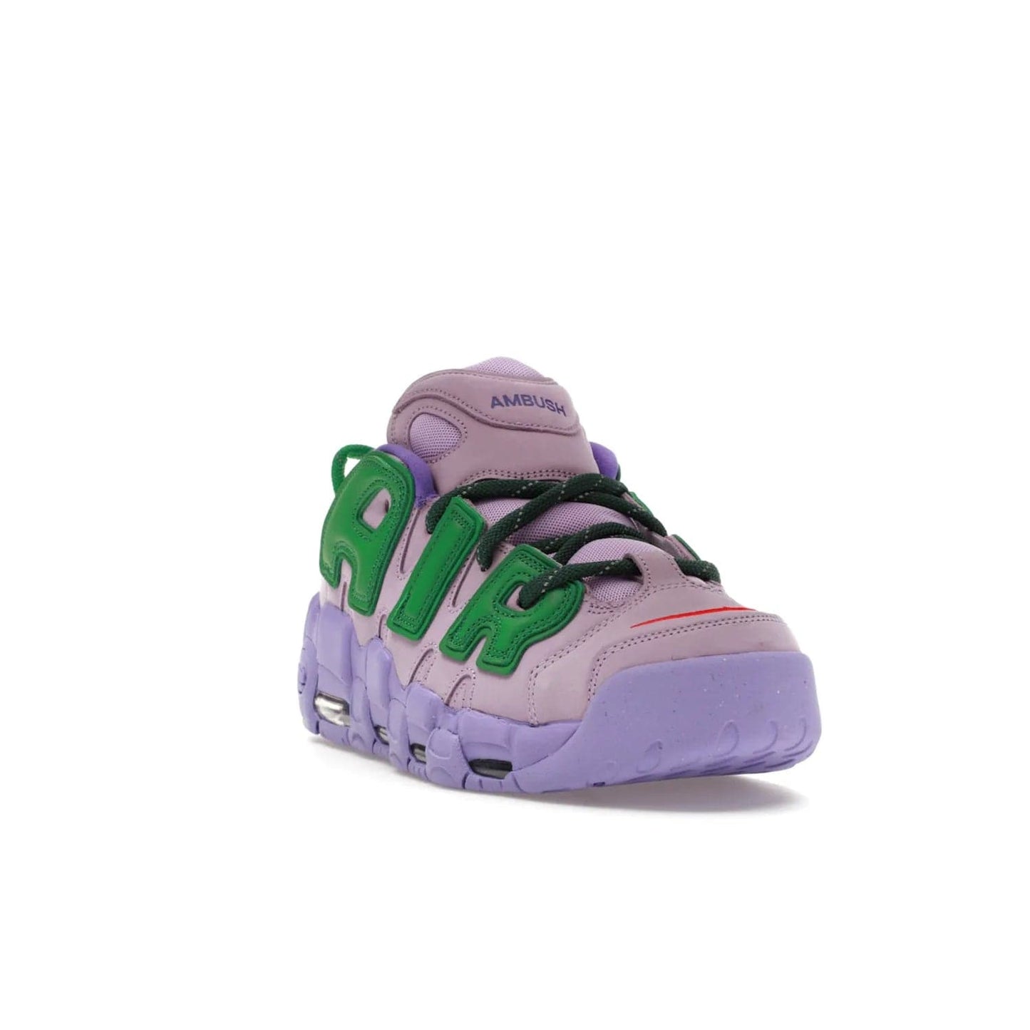 Nike Air More Uptempo Low AMBUSH Lilac - Image 7 - Only at www.BallersClubKickz.com - Style and comfort meet with the Nike Air More Uptempo Low AMBUSH Lilac. Featuring a vibrant Lilac upper with Apple Green and University Red accents, this unique design will be a standout in any wardrobe. Get your pair on October 06, 2023.