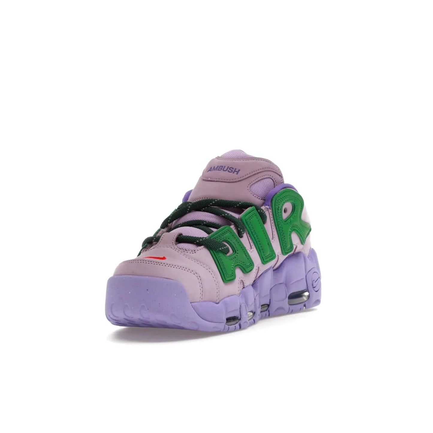 Nike Air More Uptempo Low AMBUSH Lilac - Image 13 - Only at www.BallersClubKickz.com - Style and comfort meet with the Nike Air More Uptempo Low AMBUSH Lilac. Featuring a vibrant Lilac upper with Apple Green and University Red accents, this unique design will be a standout in any wardrobe. Get your pair on October 06, 2023.