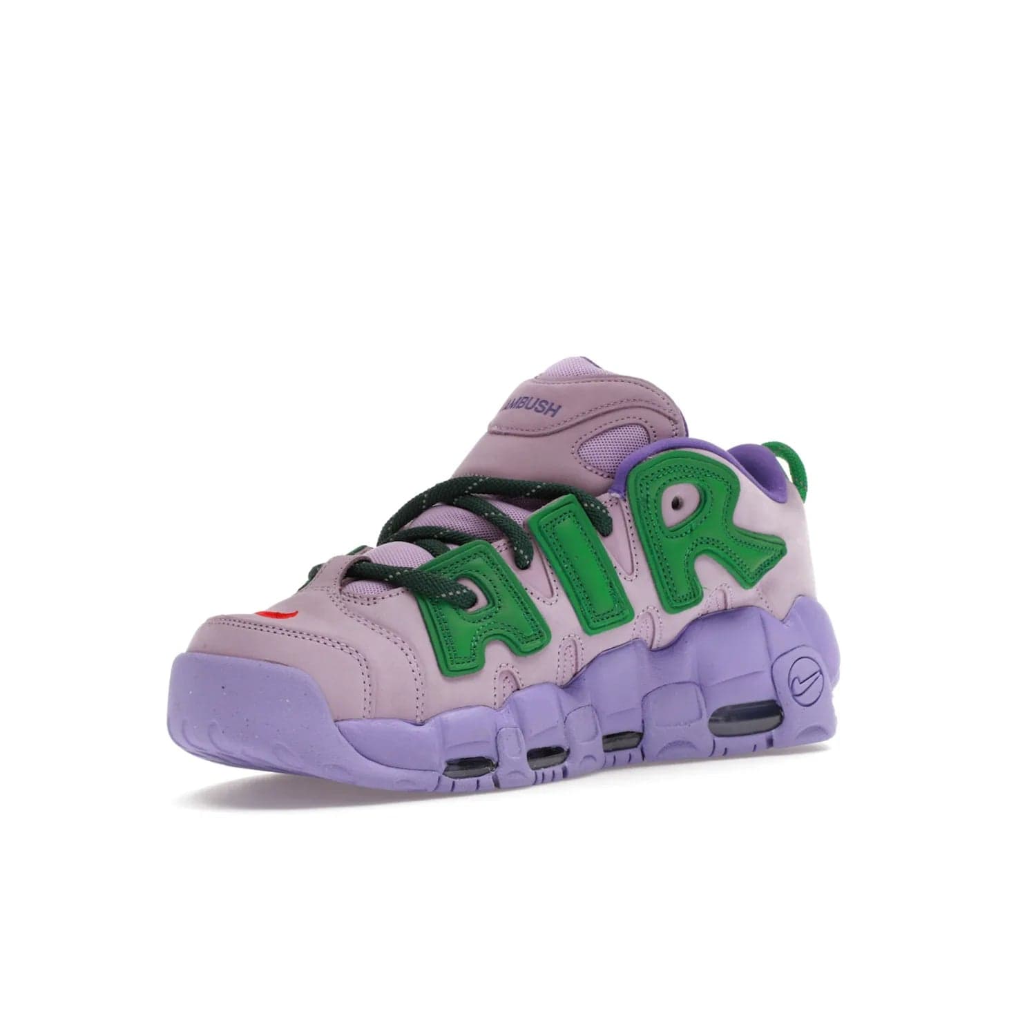 Nike Air More Uptempo Low AMBUSH Lilac - Image 15 - Only at www.BallersClubKickz.com - Style and comfort meet with the Nike Air More Uptempo Low AMBUSH Lilac. Featuring a vibrant Lilac upper with Apple Green and University Red accents, this unique design will be a standout in any wardrobe. Get your pair on October 06, 2023.
