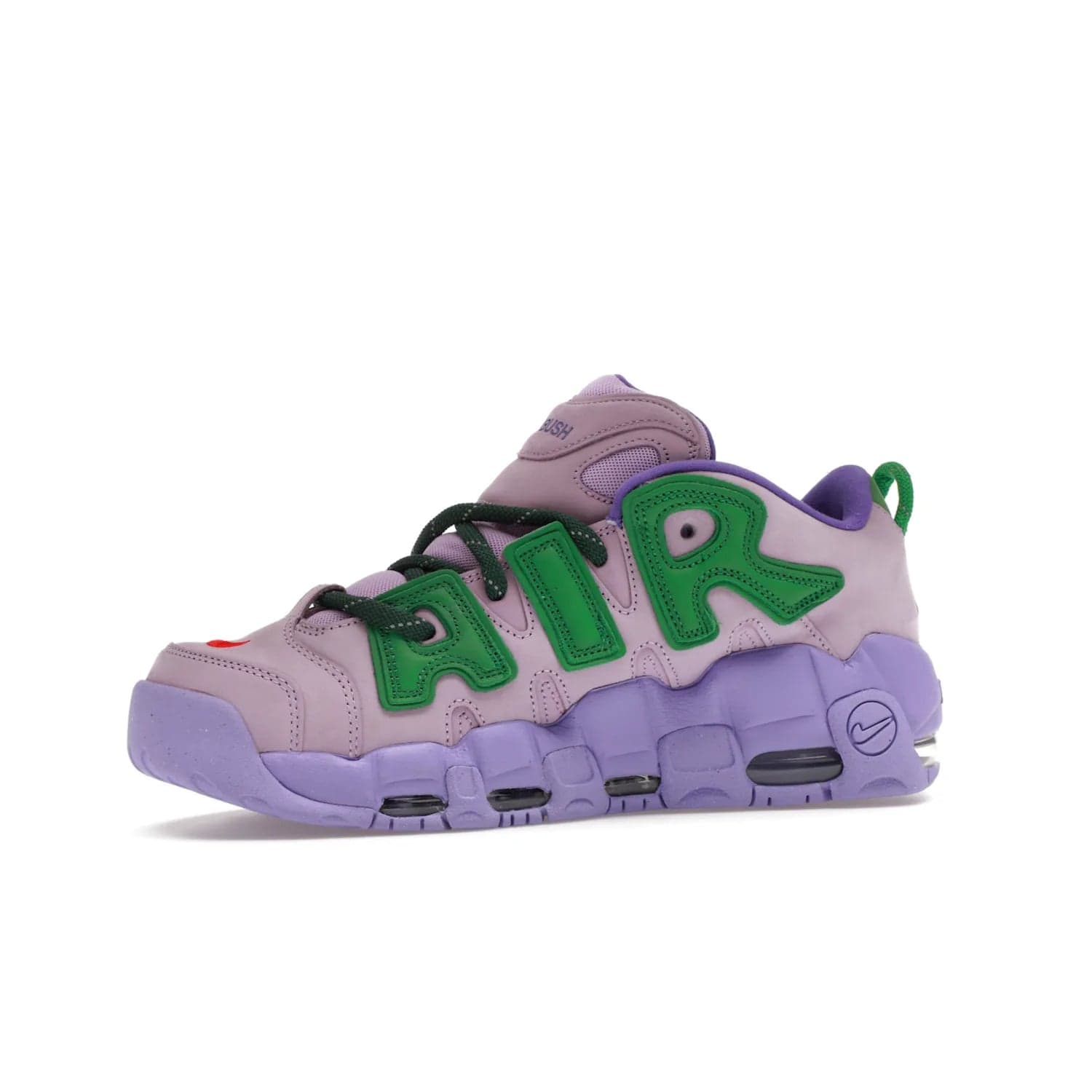 Nike Air More Uptempo Low AMBUSH Lilac - Image 17 - Only at www.BallersClubKickz.com - Style and comfort meet with the Nike Air More Uptempo Low AMBUSH Lilac. Featuring a vibrant Lilac upper with Apple Green and University Red accents, this unique design will be a standout in any wardrobe. Get your pair on October 06, 2023.