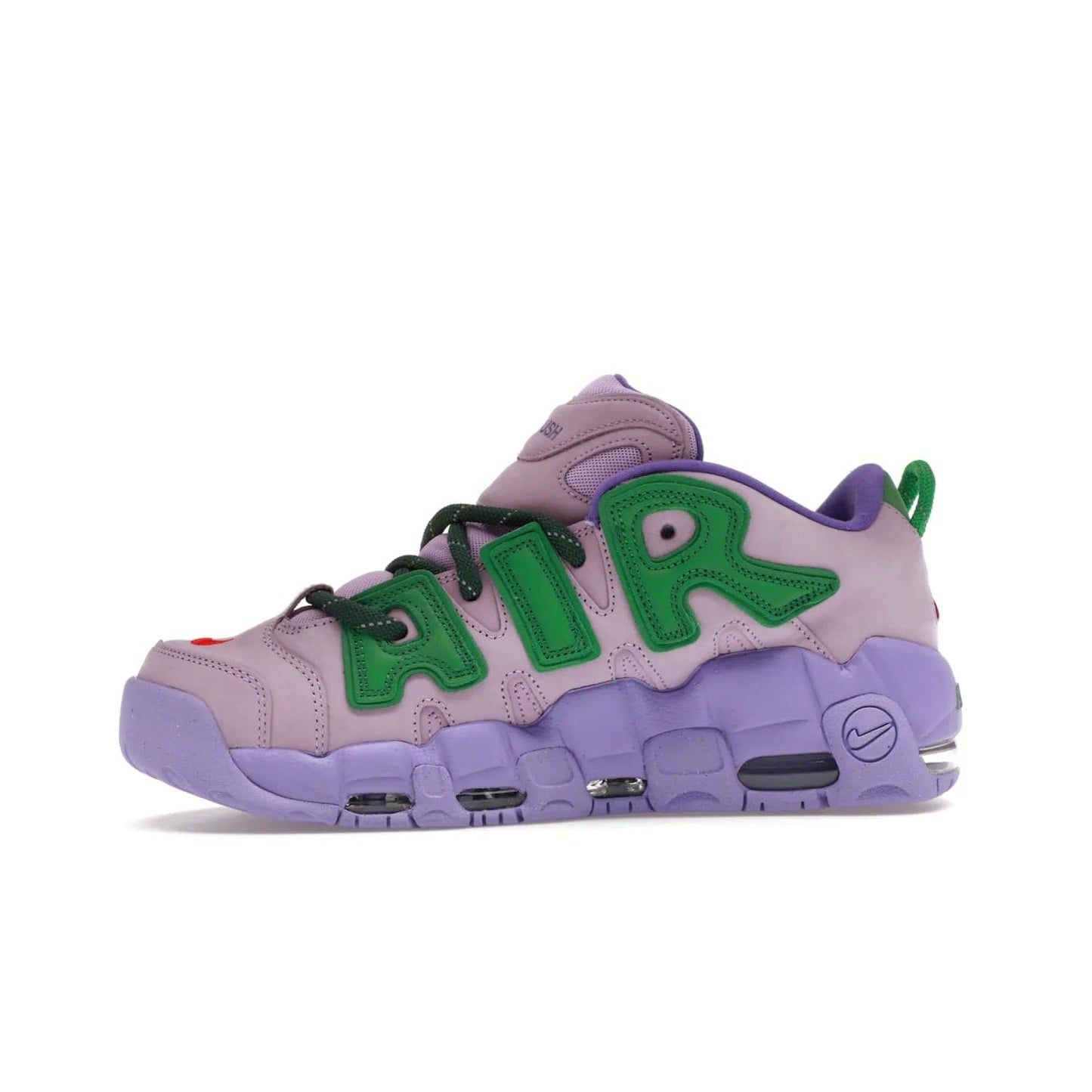 Nike Air More Uptempo Low AMBUSH Lilac - Image 18 - Only at www.BallersClubKickz.com - Style and comfort meet with the Nike Air More Uptempo Low AMBUSH Lilac. Featuring a vibrant Lilac upper with Apple Green and University Red accents, this unique design will be a standout in any wardrobe. Get your pair on October 06, 2023.