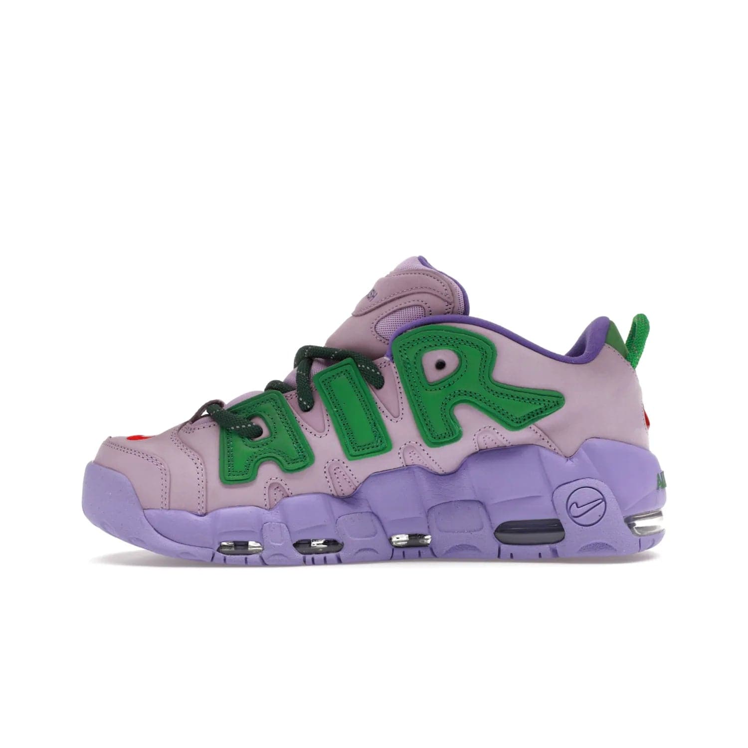Nike Air More Uptempo Low AMBUSH Lilac - Image 19 - Only at www.BallersClubKickz.com - Style and comfort meet with the Nike Air More Uptempo Low AMBUSH Lilac. Featuring a vibrant Lilac upper with Apple Green and University Red accents, this unique design will be a standout in any wardrobe. Get your pair on October 06, 2023.