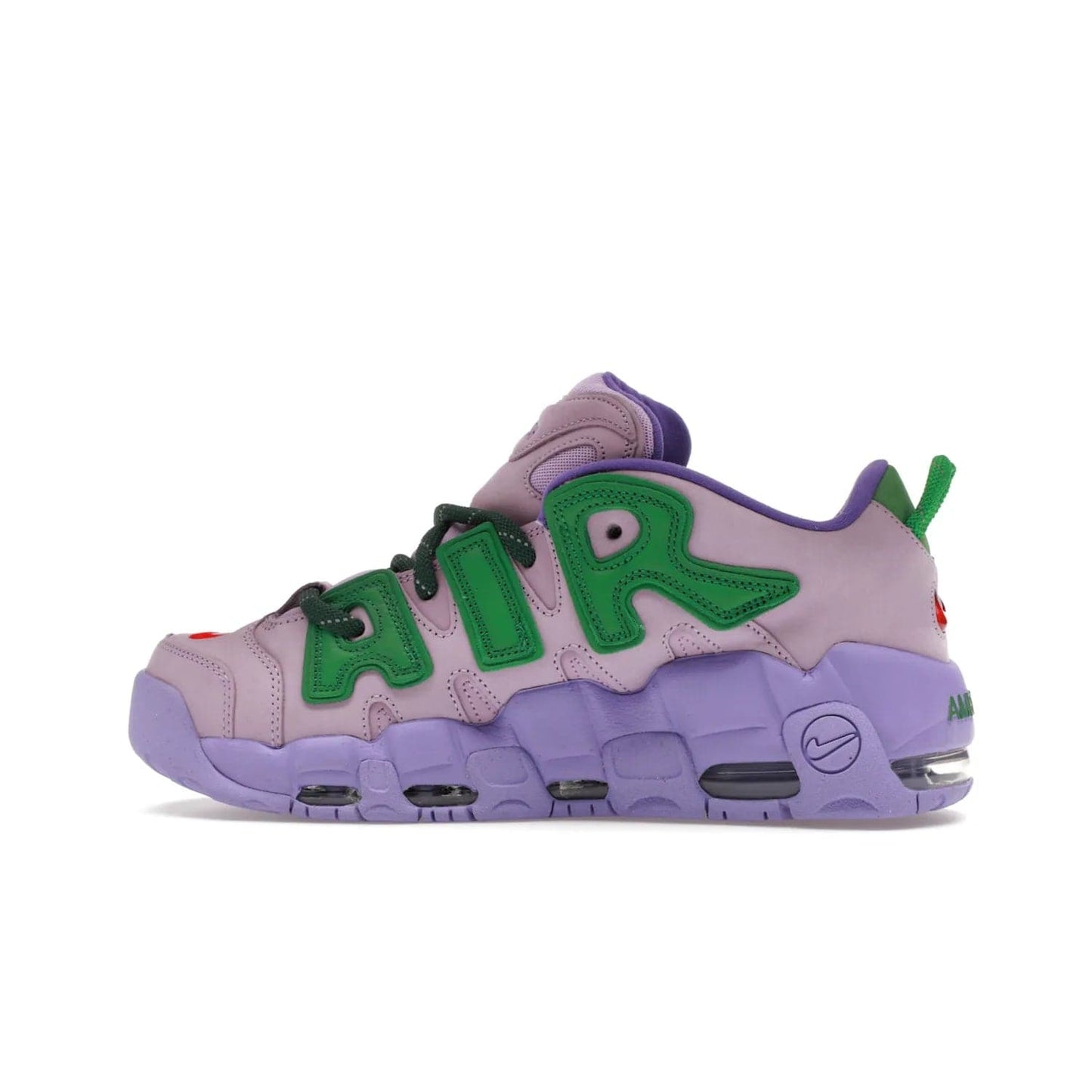 Nike Air More Uptempo Low AMBUSH Lilac - Image 20 - Only at www.BallersClubKickz.com - Style and comfort meet with the Nike Air More Uptempo Low AMBUSH Lilac. Featuring a vibrant Lilac upper with Apple Green and University Red accents, this unique design will be a standout in any wardrobe. Get your pair on October 06, 2023.