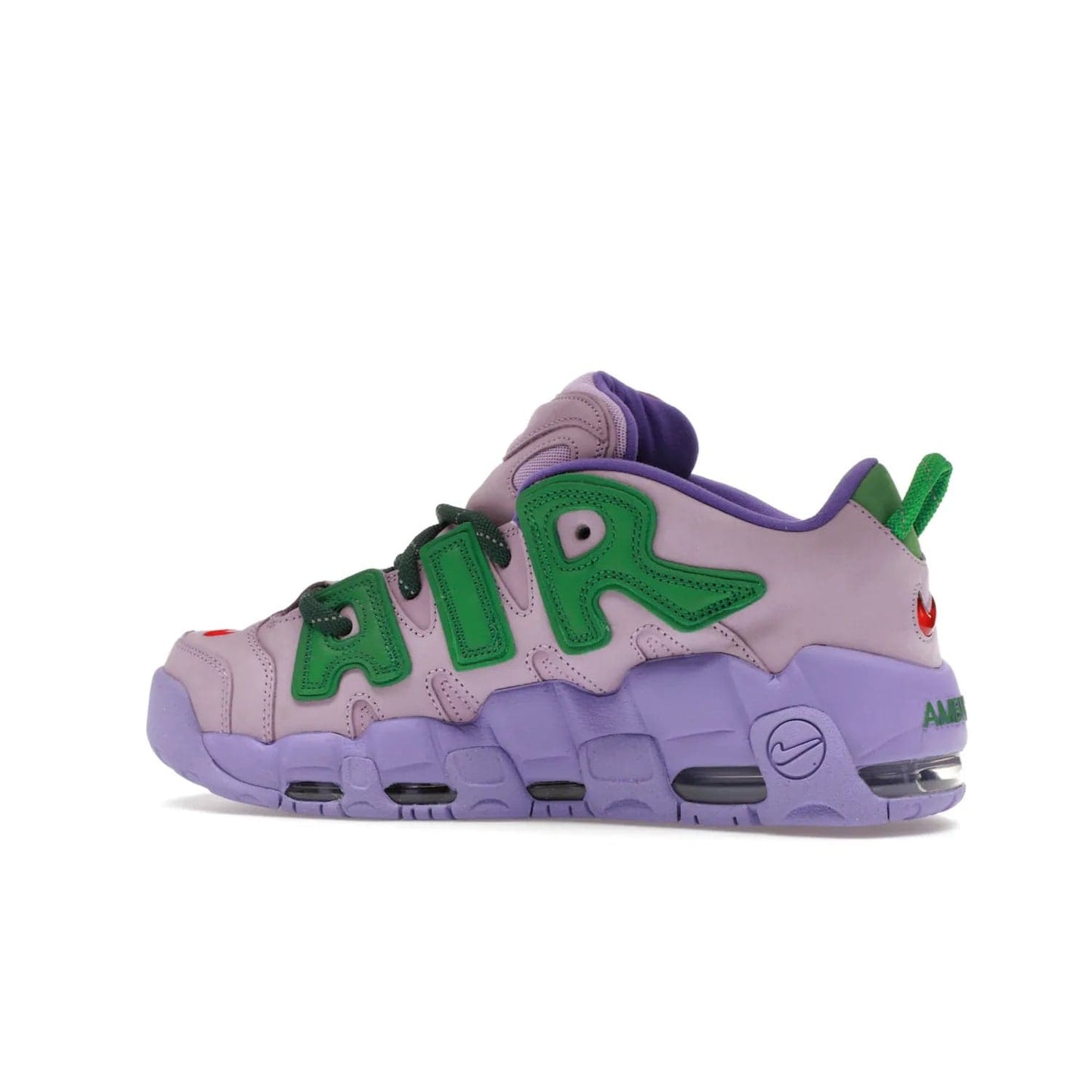 Nike Air More Uptempo Low AMBUSH Lilac - Image 21 - Only at www.BallersClubKickz.com - Style and comfort meet with the Nike Air More Uptempo Low AMBUSH Lilac. Featuring a vibrant Lilac upper with Apple Green and University Red accents, this unique design will be a standout in any wardrobe. Get your pair on October 06, 2023.