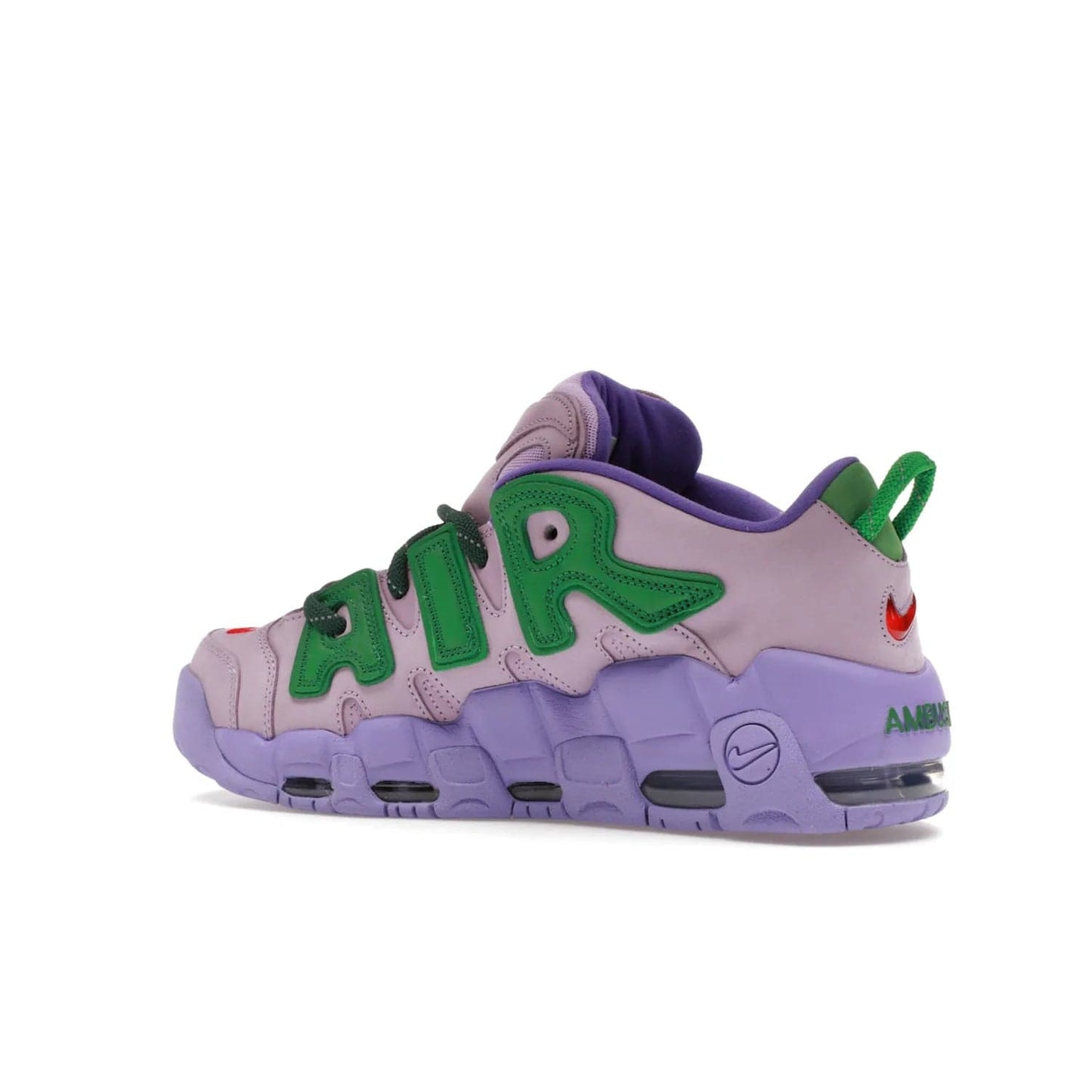 Nike Air More Uptempo Low AMBUSH Lilac - Image 22 - Only at www.BallersClubKickz.com - Style and comfort meet with the Nike Air More Uptempo Low AMBUSH Lilac. Featuring a vibrant Lilac upper with Apple Green and University Red accents, this unique design will be a standout in any wardrobe. Get your pair on October 06, 2023.