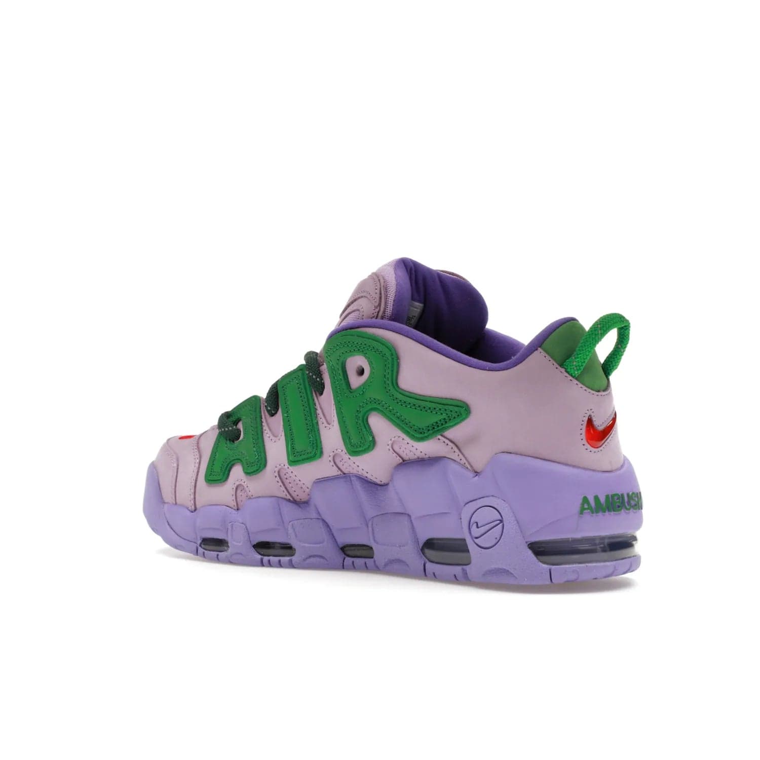 Nike Air More Uptempo Low AMBUSH Lilac - Image 23 - Only at www.BallersClubKickz.com - Style and comfort meet with the Nike Air More Uptempo Low AMBUSH Lilac. Featuring a vibrant Lilac upper with Apple Green and University Red accents, this unique design will be a standout in any wardrobe. Get your pair on October 06, 2023.