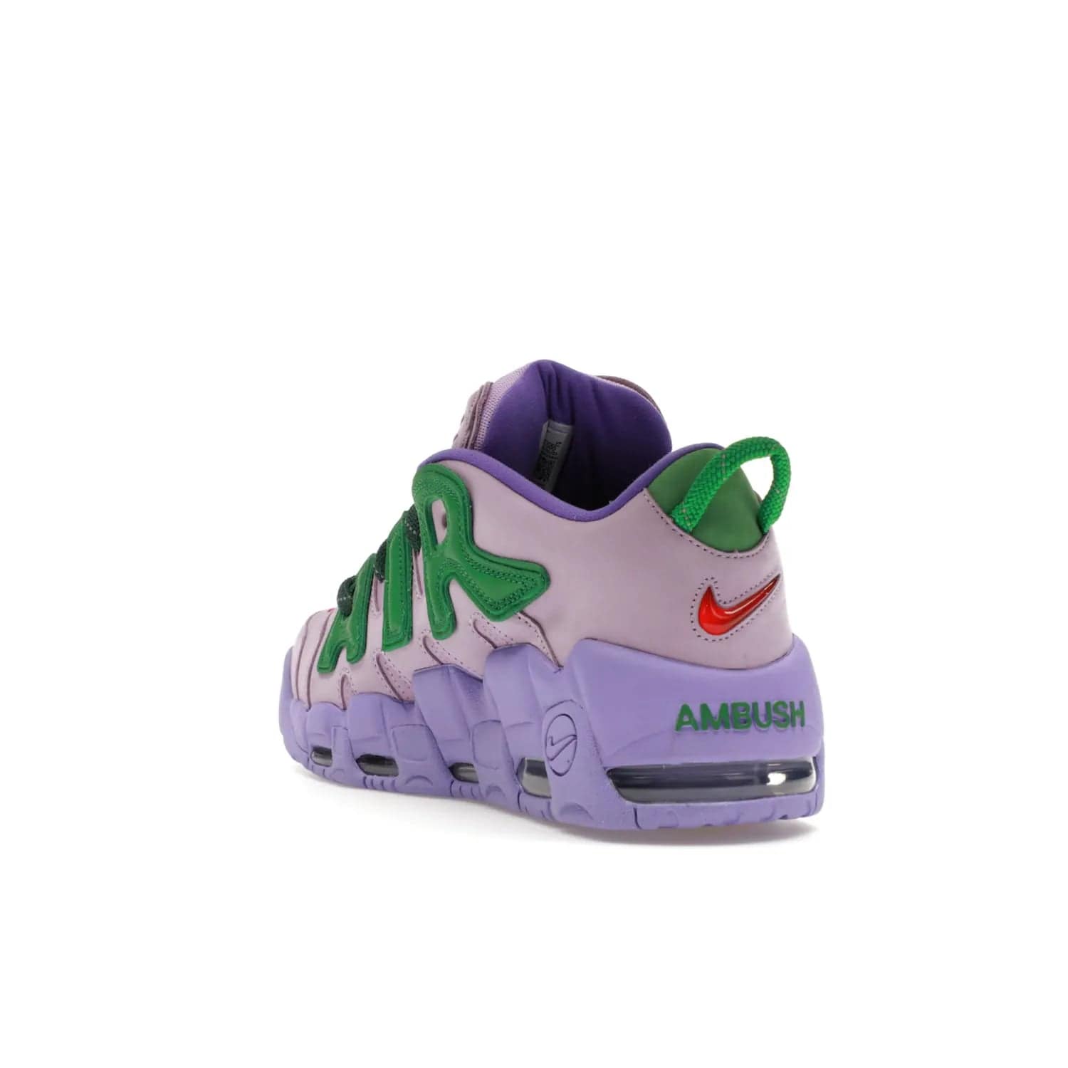Nike Air More Uptempo Low AMBUSH Lilac - Image 25 - Only at www.BallersClubKickz.com - Style and comfort meet with the Nike Air More Uptempo Low AMBUSH Lilac. Featuring a vibrant Lilac upper with Apple Green and University Red accents, this unique design will be a standout in any wardrobe. Get your pair on October 06, 2023.