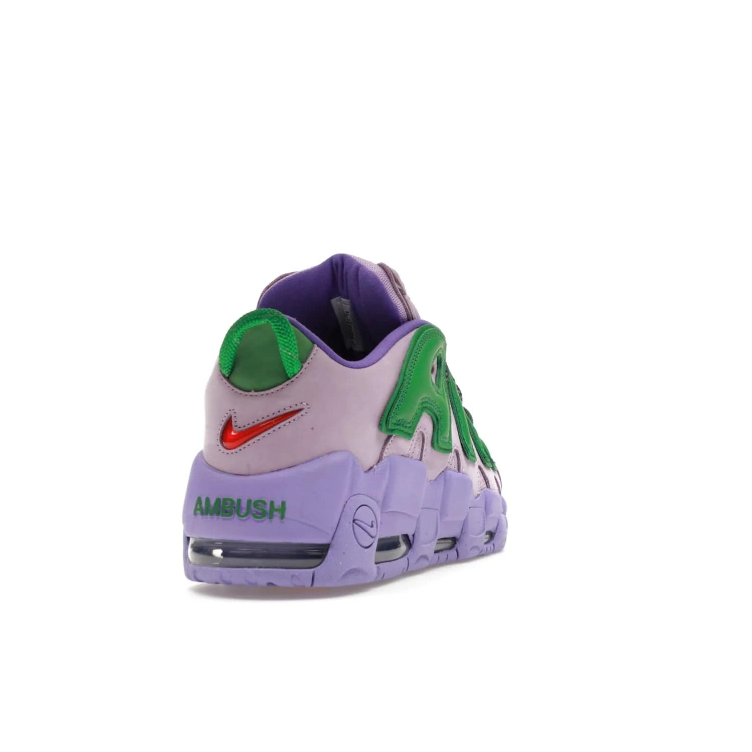 Nike Air More Uptempo Low AMBUSH Lilac - Image 30 - Only at www.BallersClubKickz.com - Style and comfort meet with the Nike Air More Uptempo Low AMBUSH Lilac. Featuring a vibrant Lilac upper with Apple Green and University Red accents, this unique design will be a standout in any wardrobe. Get your pair on October 06, 2023.