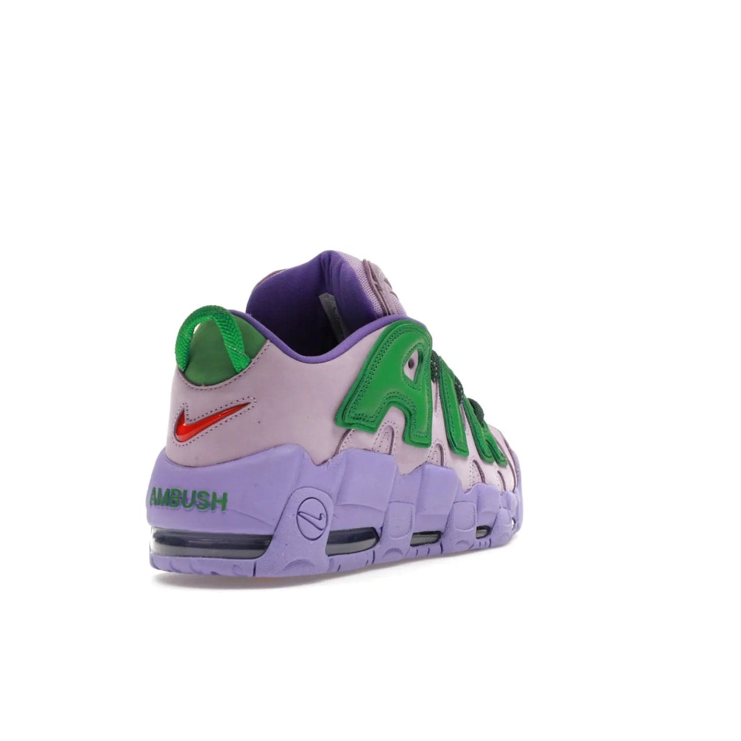 Nike Air More Uptempo Low AMBUSH Lilac - Image 31 - Only at www.BallersClubKickz.com - Style and comfort meet with the Nike Air More Uptempo Low AMBUSH Lilac. Featuring a vibrant Lilac upper with Apple Green and University Red accents, this unique design will be a standout in any wardrobe. Get your pair on October 06, 2023.