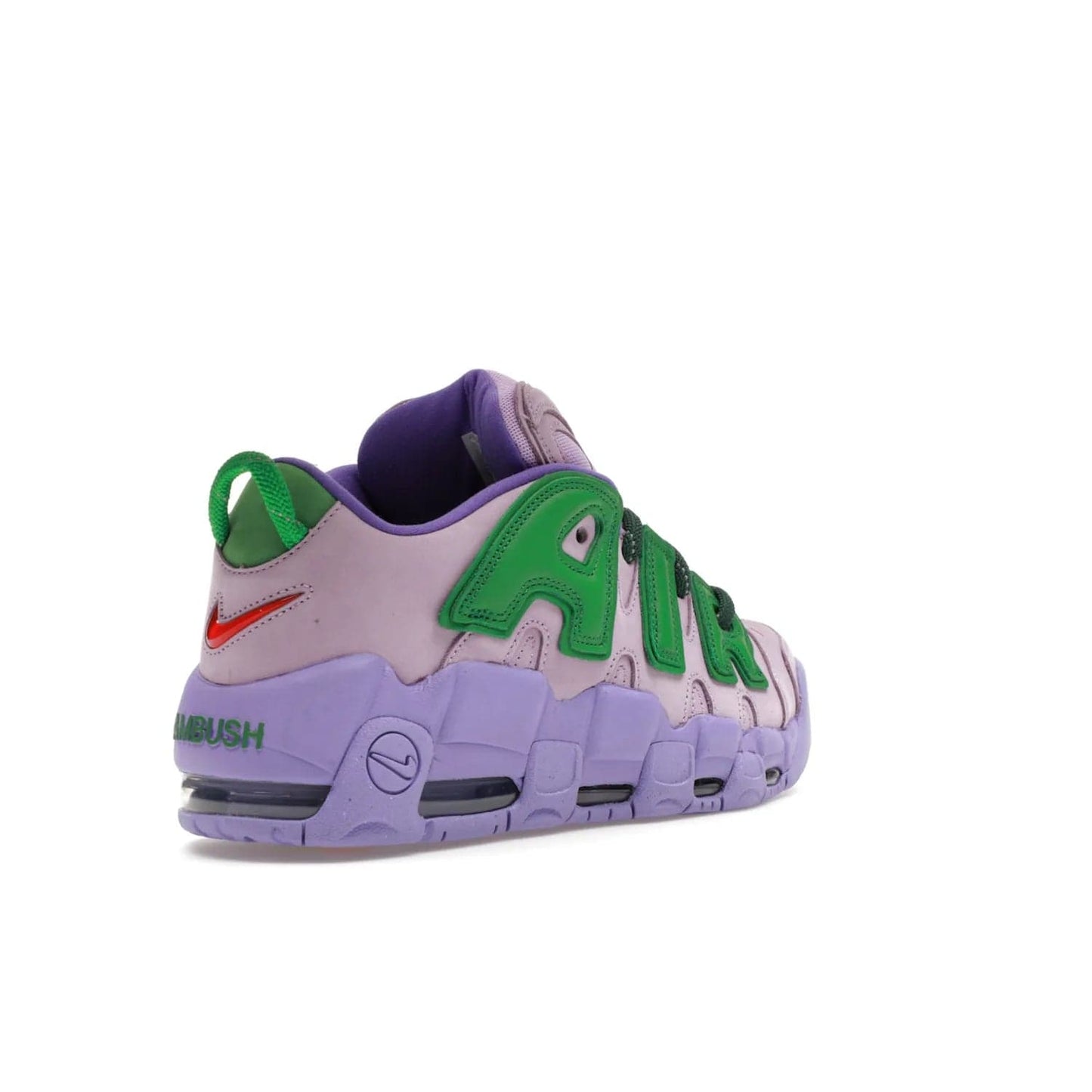 Nike Air More Uptempo Low AMBUSH Lilac - Image 32 - Only at www.BallersClubKickz.com - Style and comfort meet with the Nike Air More Uptempo Low AMBUSH Lilac. Featuring a vibrant Lilac upper with Apple Green and University Red accents, this unique design will be a standout in any wardrobe. Get your pair on October 06, 2023.