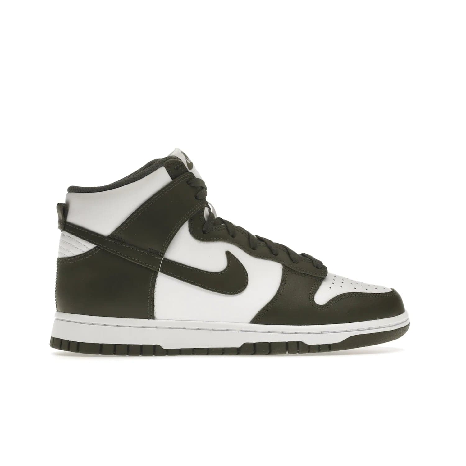 Nike Dunk High Retro Cargo Khaki (2021) - Image 36 - Only at www.BallersClubKickz.com - Introducing the Nike Dunk High Retro Cargo Khaki - a stylish high-top shoe from Nike featuring two primary colors, khaki and white. Quality leather and classic Nike tread style with a rich khaki green swoosh symbol. June 2022 release, starting at $115.