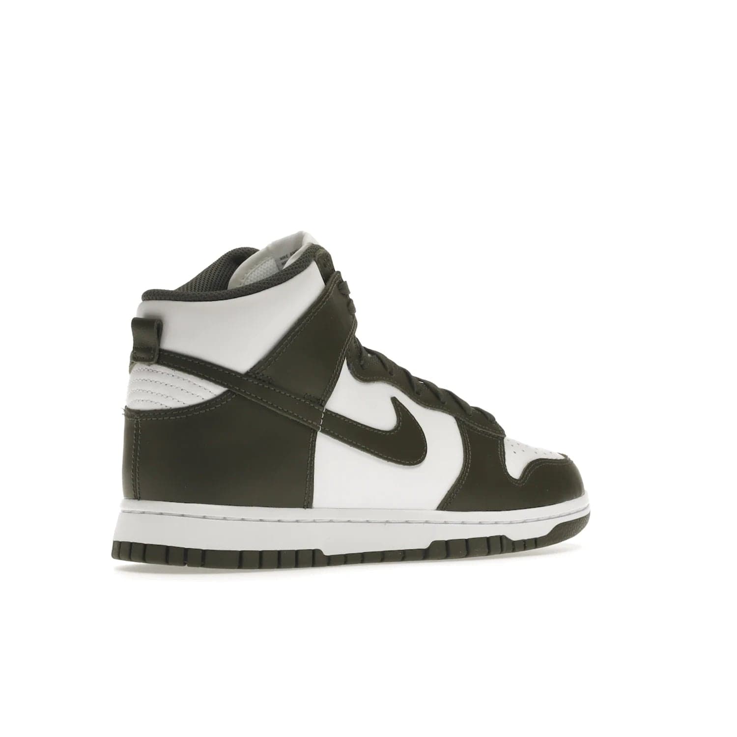 Nike Dunk High Retro Cargo Khaki (2021) - Image 33 - Only at www.BallersClubKickz.com - Introducing the Nike Dunk High Retro Cargo Khaki - a stylish high-top shoe from Nike featuring two primary colors, khaki and white. Quality leather and classic Nike tread style with a rich khaki green swoosh symbol. June 2022 release, starting at $115.
