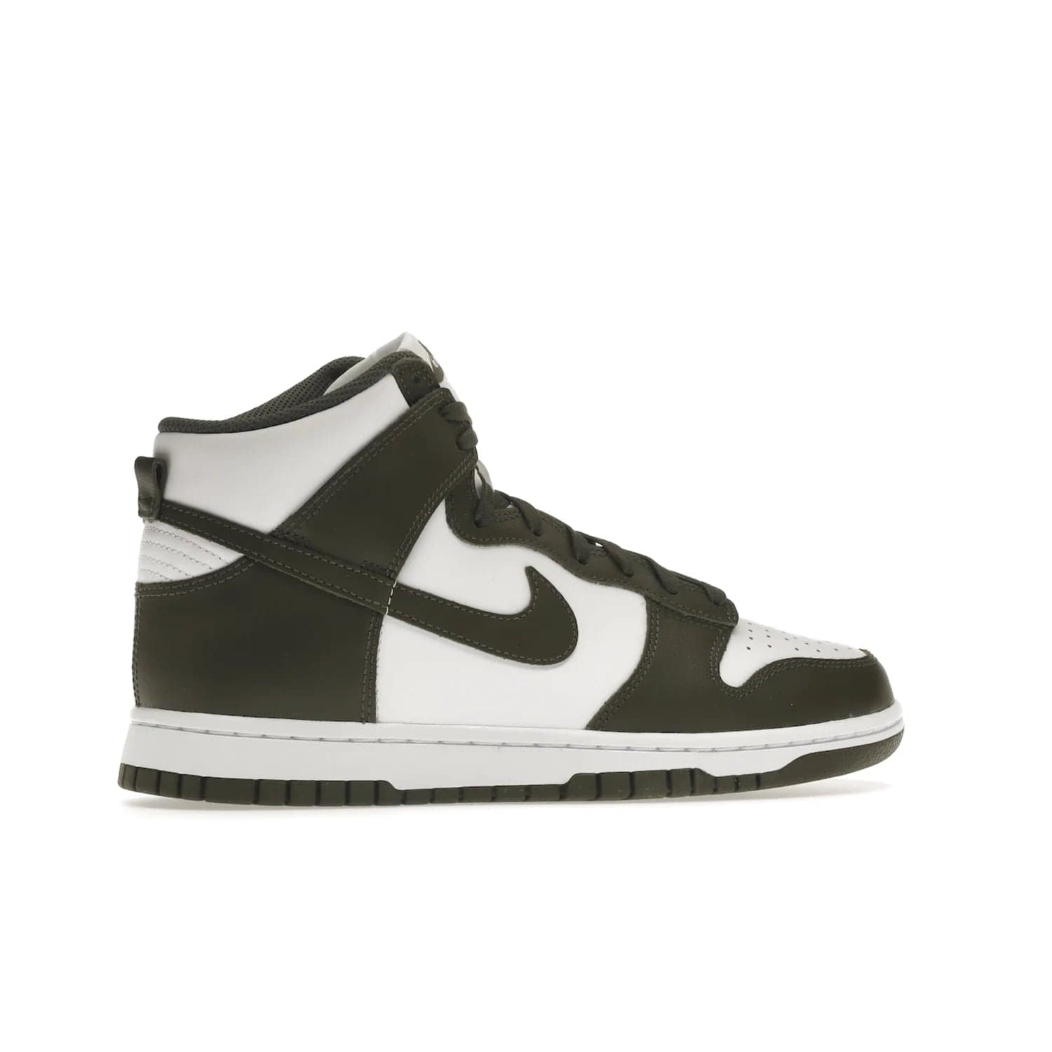 Nike Dunk High Retro Cargo Khaki (2021) - Image 35 - Only at www.BallersClubKickz.com - Introducing the Nike Dunk High Retro Cargo Khaki - a stylish high-top shoe from Nike featuring two primary colors, khaki and white. Quality leather and classic Nike tread style with a rich khaki green swoosh symbol. June 2022 release, starting at $115.