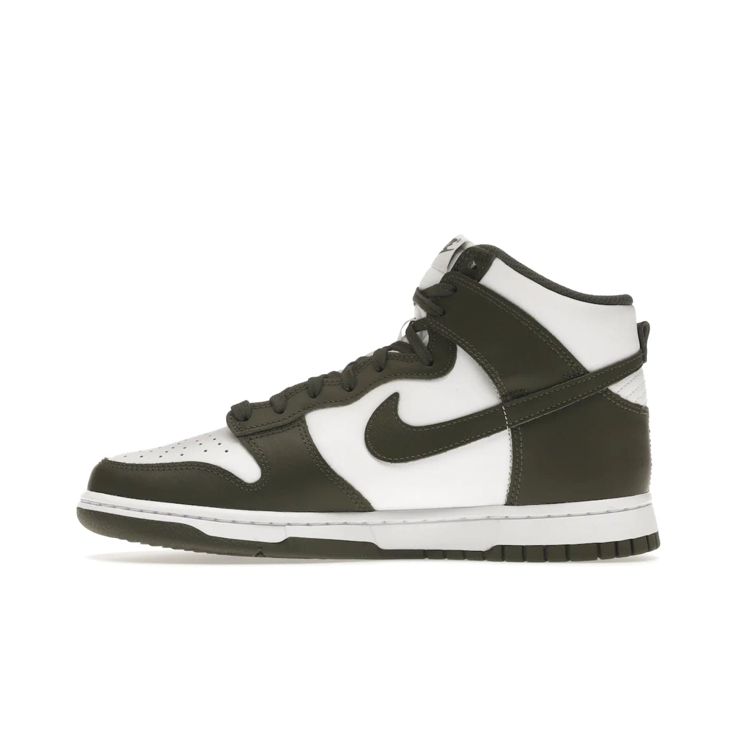 Nike Dunk High Retro Cargo Khaki (2021) - Image 19 - Only at www.BallersClubKickz.com - Introducing the Nike Dunk High Retro Cargo Khaki - a stylish high-top shoe from Nike featuring two primary colors, khaki and white. Quality leather and classic Nike tread style with a rich khaki green swoosh symbol. June 2022 release, starting at $115.