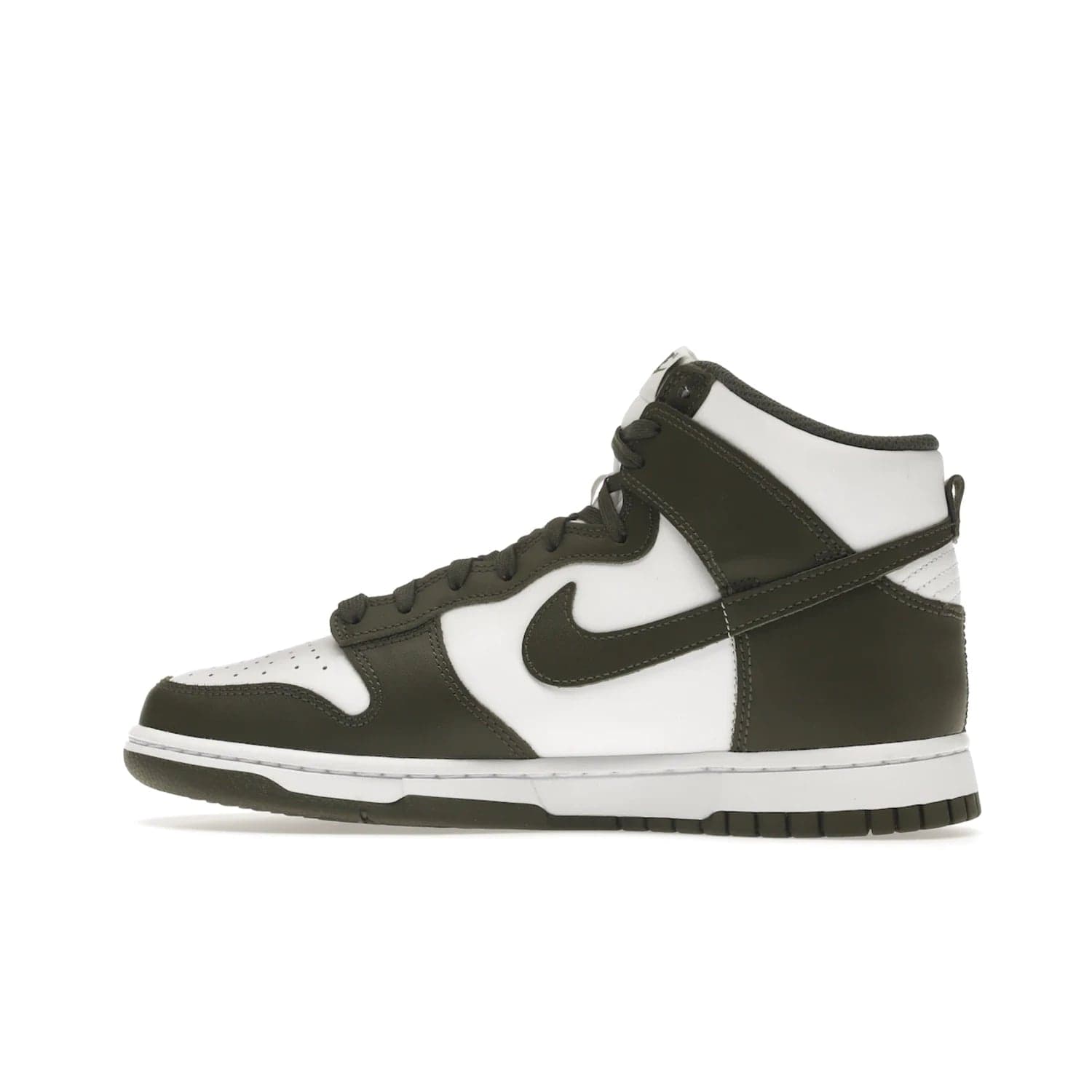 Nike Dunk High Retro Cargo Khaki (2021) - Image 20 - Only at www.BallersClubKickz.com - Introducing the Nike Dunk High Retro Cargo Khaki - a stylish high-top shoe from Nike featuring two primary colors, khaki and white. Quality leather and classic Nike tread style with a rich khaki green swoosh symbol. June 2022 release, starting at $115.