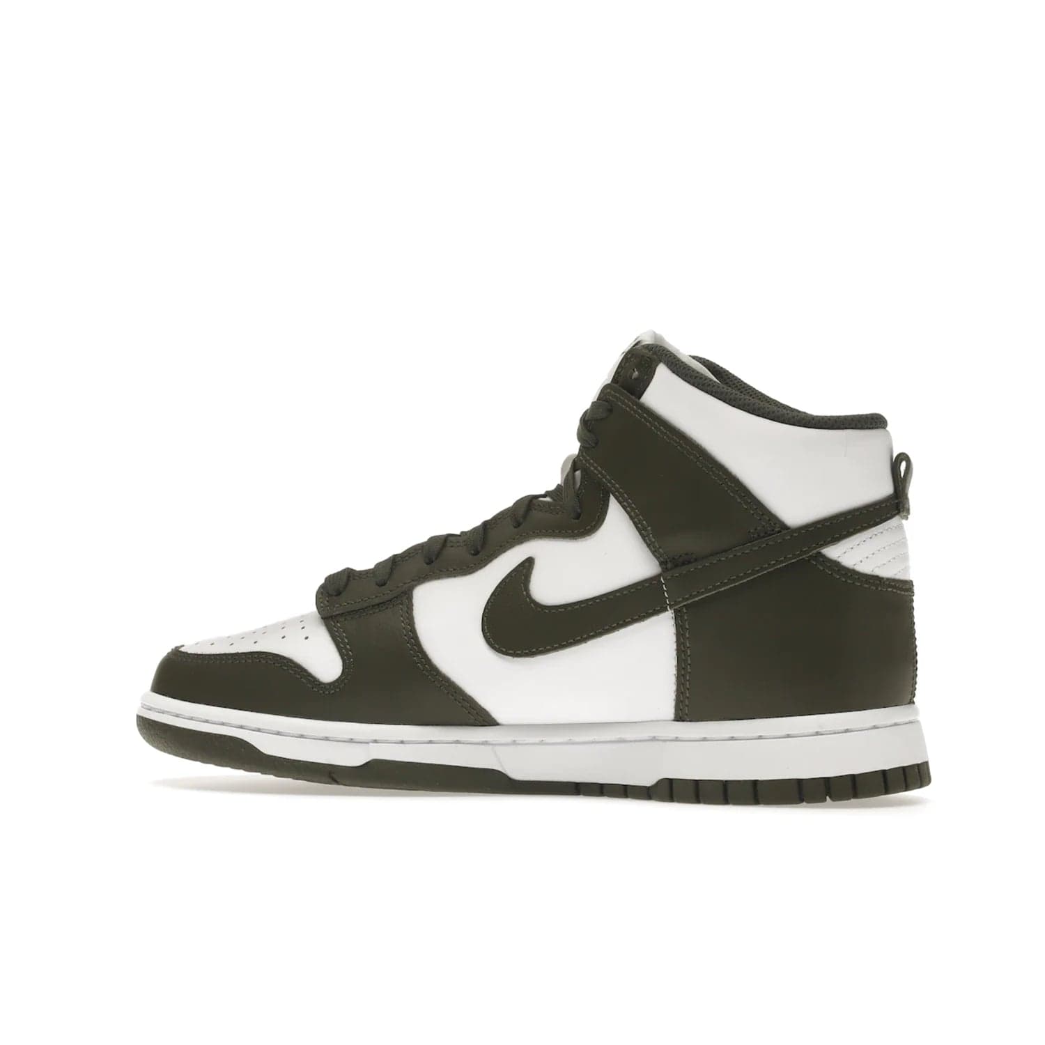 Nike Dunk High Retro Cargo Khaki (2021) - Image 21 - Only at www.BallersClubKickz.com - Introducing the Nike Dunk High Retro Cargo Khaki - a stylish high-top shoe from Nike featuring two primary colors, khaki and white. Quality leather and classic Nike tread style with a rich khaki green swoosh symbol. June 2022 release, starting at $115.