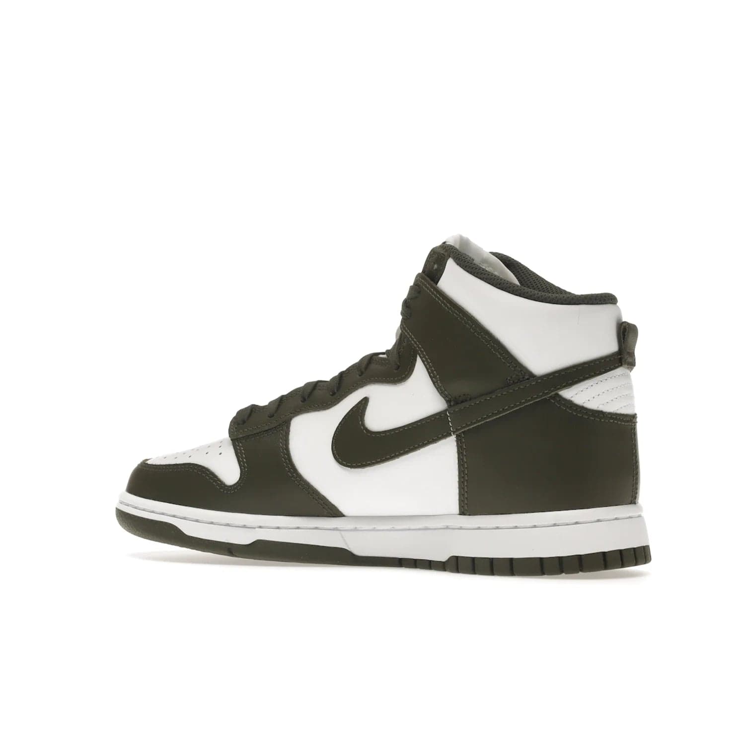 Nike Dunk High Retro Cargo Khaki (2021) - Image 22 - Only at www.BallersClubKickz.com - Introducing the Nike Dunk High Retro Cargo Khaki - a stylish high-top shoe from Nike featuring two primary colors, khaki and white. Quality leather and classic Nike tread style with a rich khaki green swoosh symbol. June 2022 release, starting at $115.
