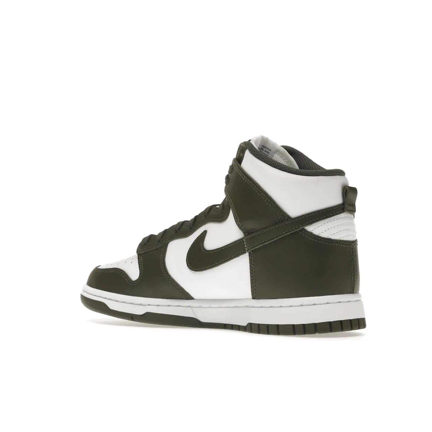 Nike Dunk High Retro Cargo Khaki (2021) - Image 23 - Only at www.BallersClubKickz.com - Introducing the Nike Dunk High Retro Cargo Khaki - a stylish high-top shoe from Nike featuring two primary colors, khaki and white. Quality leather and classic Nike tread style with a rich khaki green swoosh symbol. June 2022 release, starting at $115.