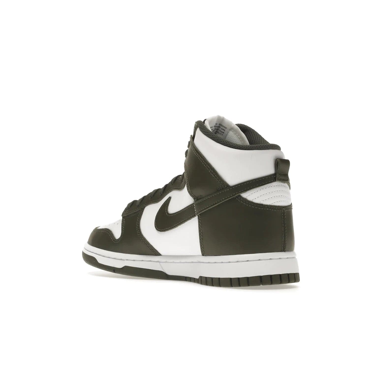 Nike Dunk High Retro Cargo Khaki (2021) - Image 24 - Only at www.BallersClubKickz.com - Introducing the Nike Dunk High Retro Cargo Khaki - a stylish high-top shoe from Nike featuring two primary colors, khaki and white. Quality leather and classic Nike tread style with a rich khaki green swoosh symbol. June 2022 release, starting at $115.