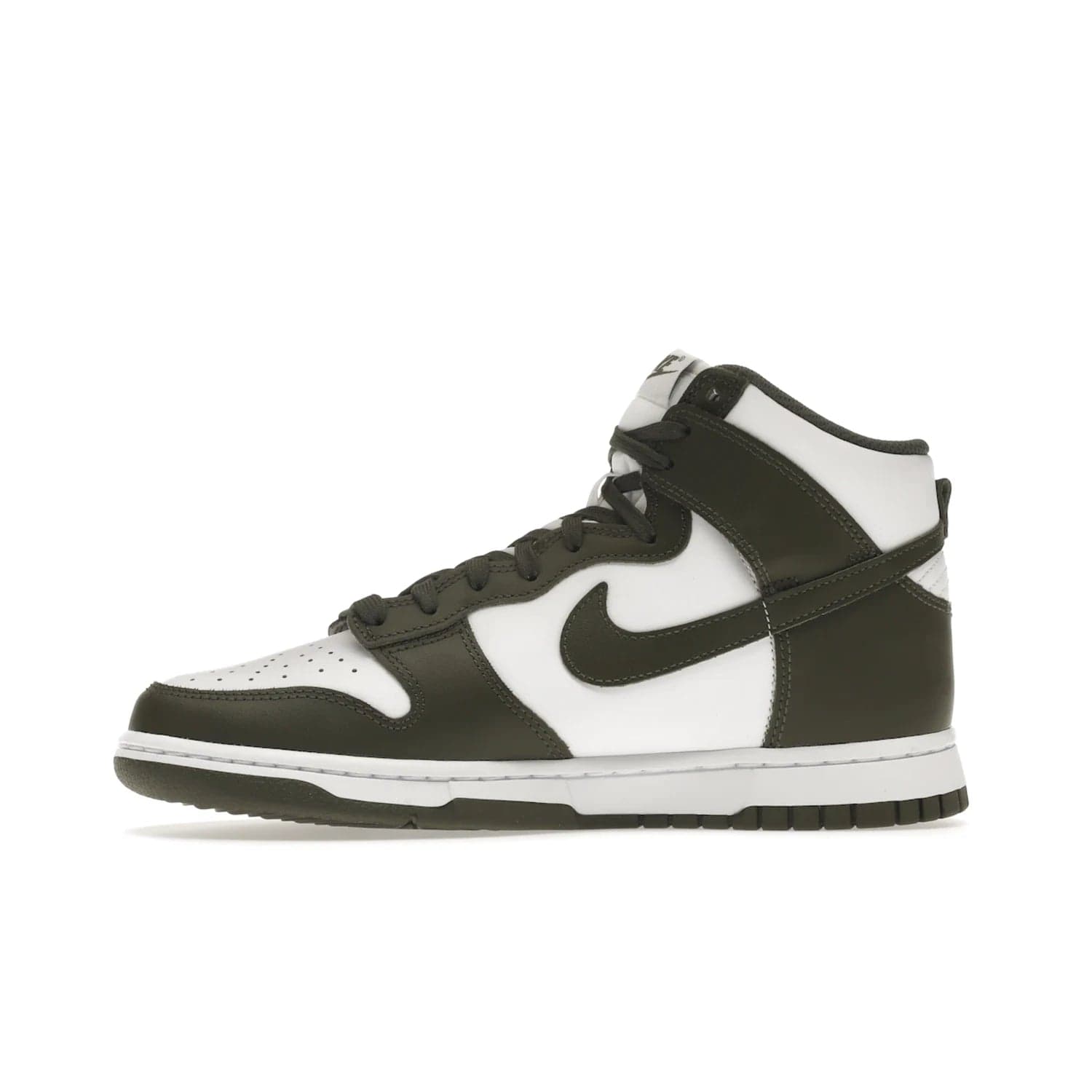 Nike Dunk High Retro Cargo Khaki (2021) - Image 18 - Only at www.BallersClubKickz.com - Introducing the Nike Dunk High Retro Cargo Khaki - a stylish high-top shoe from Nike featuring two primary colors, khaki and white. Quality leather and classic Nike tread style with a rich khaki green swoosh symbol. June 2022 release, starting at $115.