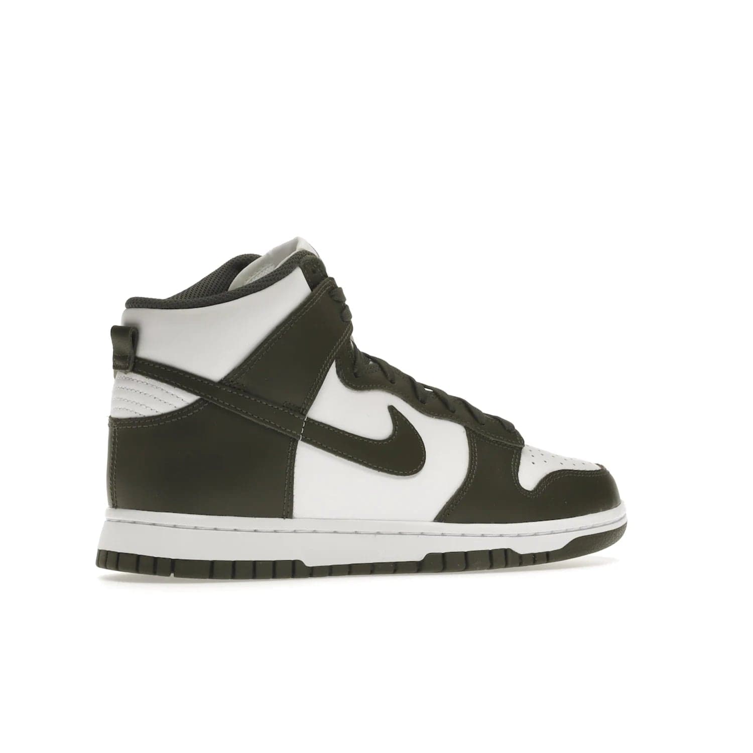 Nike Dunk High Retro Cargo Khaki (2021) - Image 34 - Only at www.BallersClubKickz.com - Introducing the Nike Dunk High Retro Cargo Khaki - a stylish high-top shoe from Nike featuring two primary colors, khaki and white. Quality leather and classic Nike tread style with a rich khaki green swoosh symbol. June 2022 release, starting at $115.
