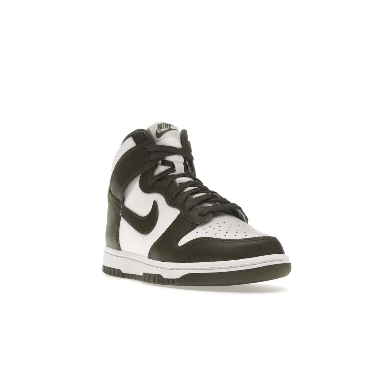Nike Dunk High Retro Cargo Khaki (2021) - Image 7 - Only at www.BallersClubKickz.com - Introducing the Nike Dunk High Retro Cargo Khaki - a stylish high-top shoe from Nike featuring two primary colors, khaki and white. Quality leather and classic Nike tread style with a rich khaki green swoosh symbol. June 2022 release, starting at $115.