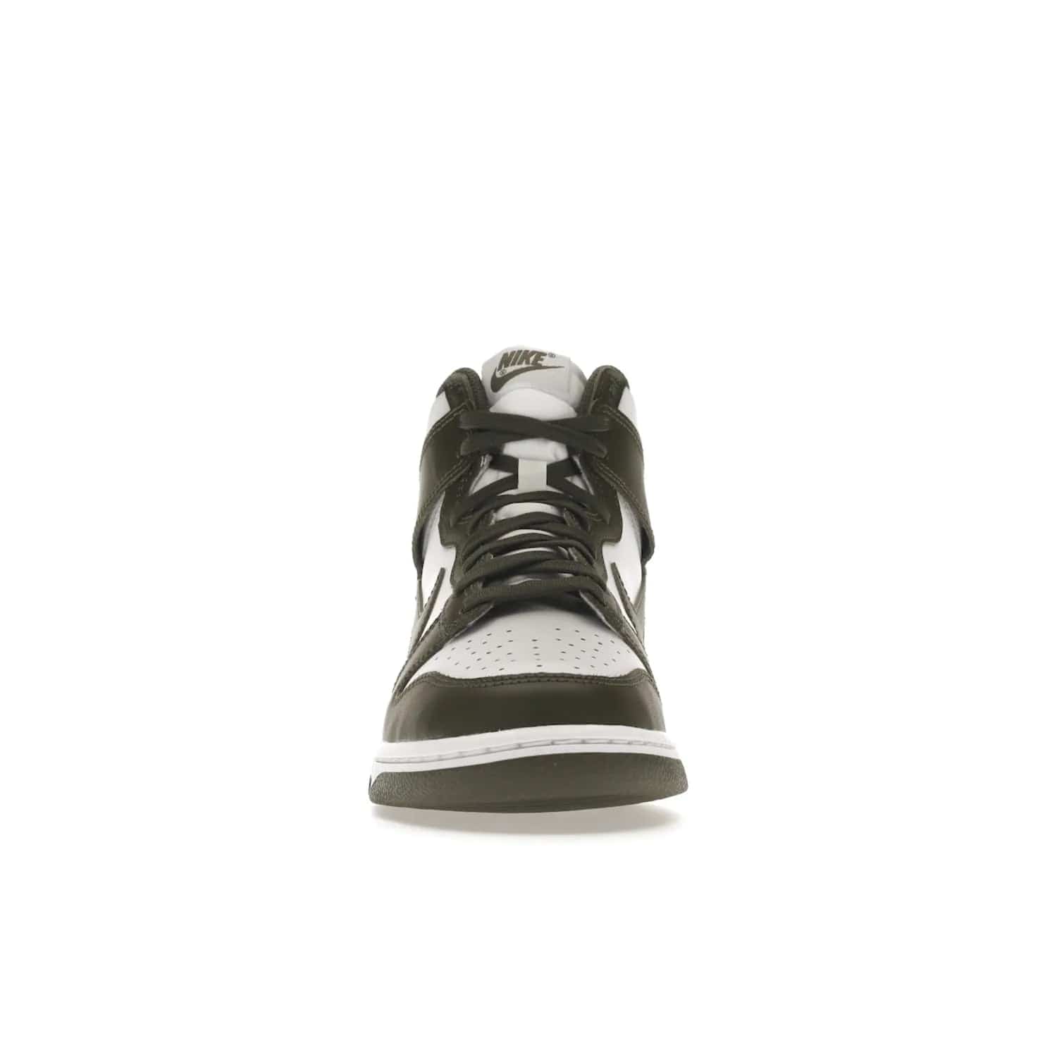 Nike Dunk High Retro Cargo Khaki (2021) - Image 10 - Only at www.BallersClubKickz.com - Introducing the Nike Dunk High Retro Cargo Khaki - a stylish high-top shoe from Nike featuring two primary colors, khaki and white. Quality leather and classic Nike tread style with a rich khaki green swoosh symbol. June 2022 release, starting at $115.