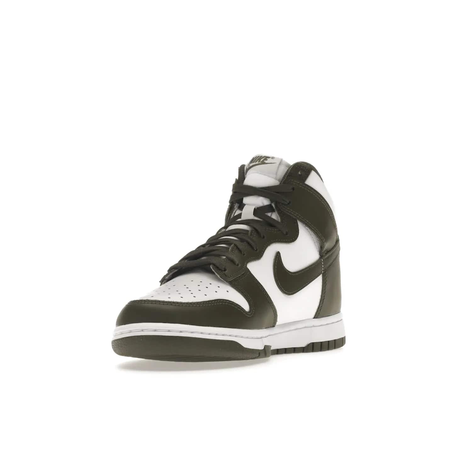 Nike Dunk High Retro Cargo Khaki (2021) - Image 13 - Only at www.BallersClubKickz.com - Introducing the Nike Dunk High Retro Cargo Khaki - a stylish high-top shoe from Nike featuring two primary colors, khaki and white. Quality leather and classic Nike tread style with a rich khaki green swoosh symbol. June 2022 release, starting at $115.