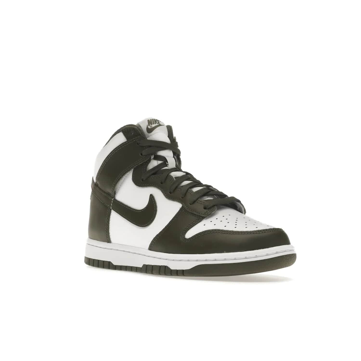 Nike Dunk High Retro Cargo Khaki (2021) - Image 6 - Only at www.BallersClubKickz.com - Introducing the Nike Dunk High Retro Cargo Khaki - a stylish high-top shoe from Nike featuring two primary colors, khaki and white. Quality leather and classic Nike tread style with a rich khaki green swoosh symbol. June 2022 release, starting at $115.