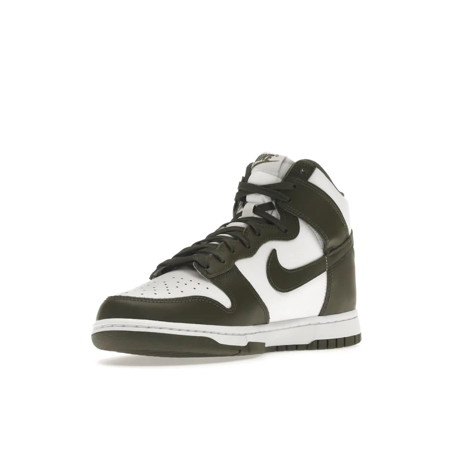 Nike Dunk High Retro Cargo Khaki (2021) - Image 14 - Only at www.BallersClubKickz.com - Introducing the Nike Dunk High Retro Cargo Khaki - a stylish high-top shoe from Nike featuring two primary colors, khaki and white. Quality leather and classic Nike tread style with a rich khaki green swoosh symbol. June 2022 release, starting at $115.