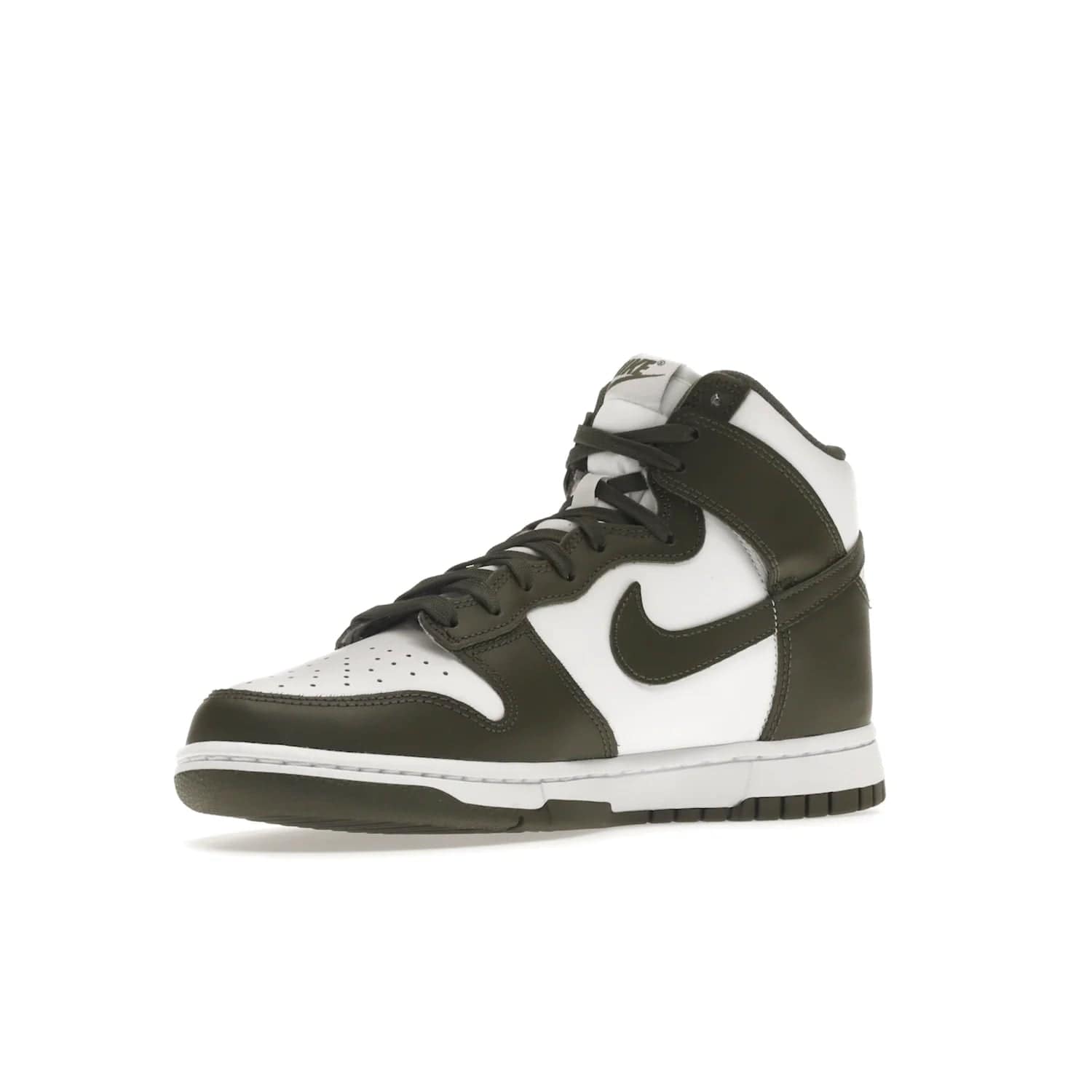 Nike Dunk High Retro Cargo Khaki (2021) - Image 15 - Only at www.BallersClubKickz.com - Introducing the Nike Dunk High Retro Cargo Khaki - a stylish high-top shoe from Nike featuring two primary colors, khaki and white. Quality leather and classic Nike tread style with a rich khaki green swoosh symbol. June 2022 release, starting at $115.