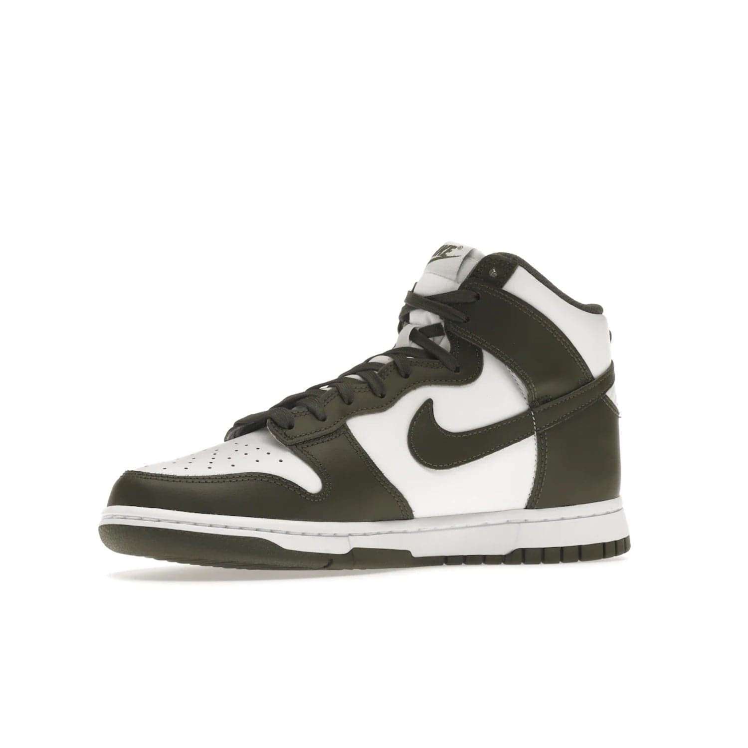 Nike Dunk High Retro Cargo Khaki (2021) - Image 16 - Only at www.BallersClubKickz.com - Introducing the Nike Dunk High Retro Cargo Khaki - a stylish high-top shoe from Nike featuring two primary colors, khaki and white. Quality leather and classic Nike tread style with a rich khaki green swoosh symbol. June 2022 release, starting at $115.
