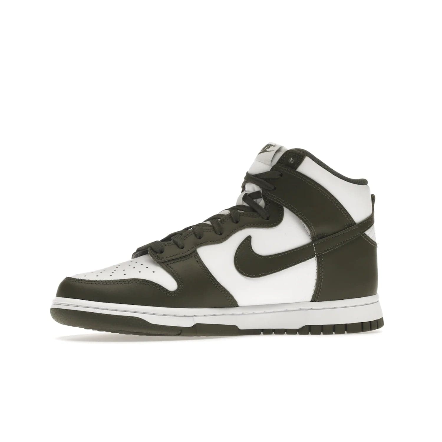 Nike Dunk High Retro Cargo Khaki (2021) - Image 17 - Only at www.BallersClubKickz.com - Introducing the Nike Dunk High Retro Cargo Khaki - a stylish high-top shoe from Nike featuring two primary colors, khaki and white. Quality leather and classic Nike tread style with a rich khaki green swoosh symbol. June 2022 release, starting at $115.