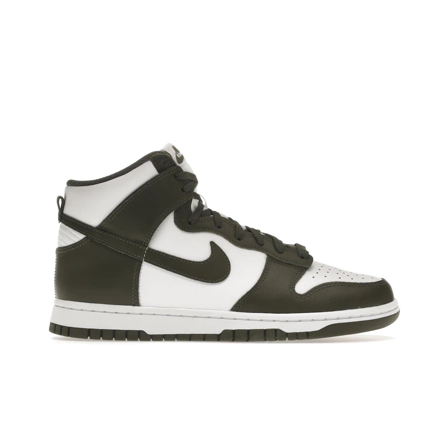 Nike Dunk High Retro Cargo Khaki (2021) - Image 1 - Only at www.BallersClubKickz.com - Introducing the Nike Dunk High Retro Cargo Khaki - a stylish high-top shoe from Nike featuring two primary colors, khaki and white. Quality leather and classic Nike tread style with a rich khaki green swoosh symbol. June 2022 release, starting at $115.