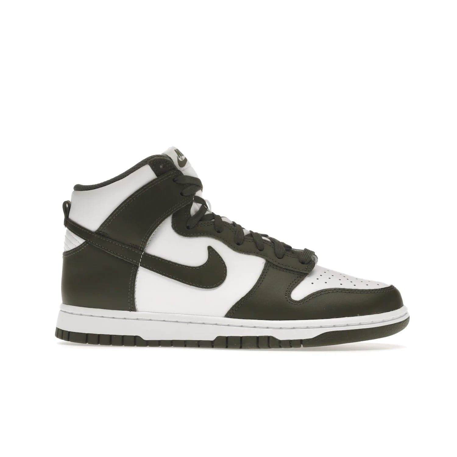 Nike Dunk High Retro Cargo Khaki (2021) - Image 2 - Only at www.BallersClubKickz.com - Introducing the Nike Dunk High Retro Cargo Khaki - a stylish high-top shoe from Nike featuring two primary colors, khaki and white. Quality leather and classic Nike tread style with a rich khaki green swoosh symbol. June 2022 release, starting at $115.